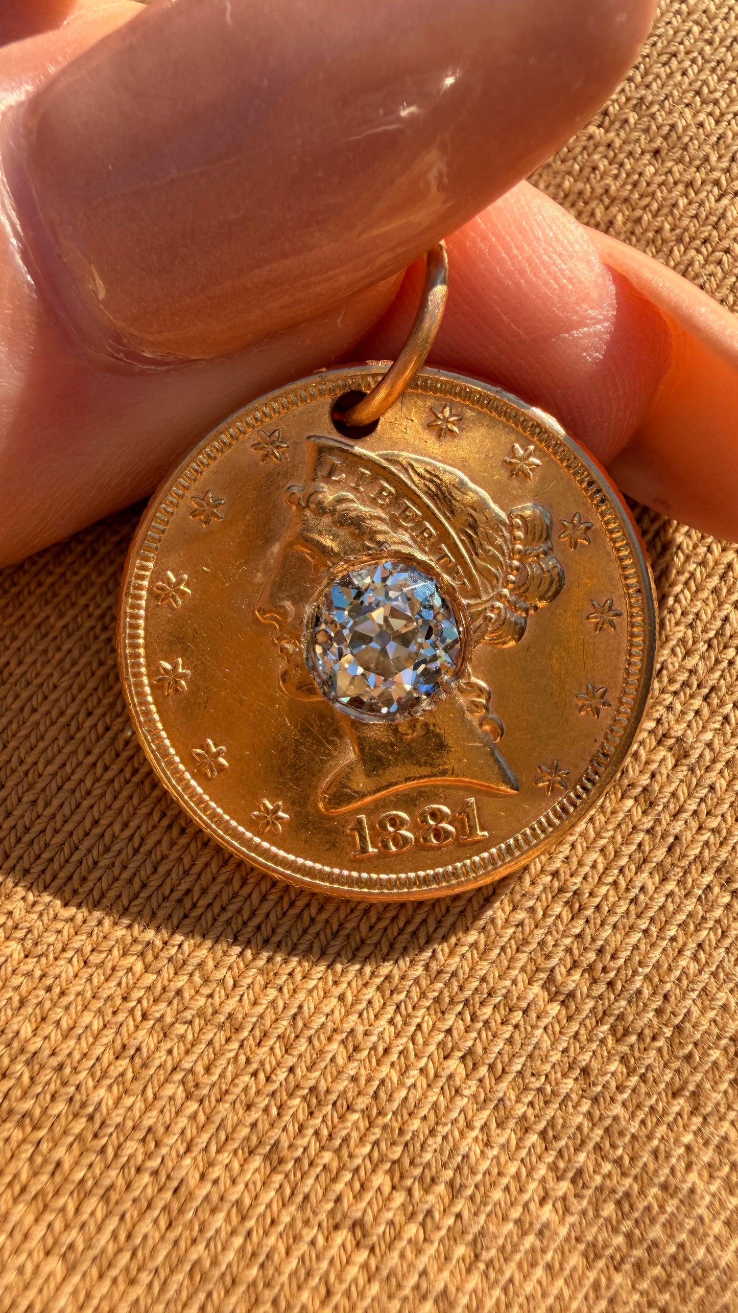 Antique yellow 21K gold 1881 $5 US Liberty coin with approx 1.1 ctw old mine cut diamond pendant