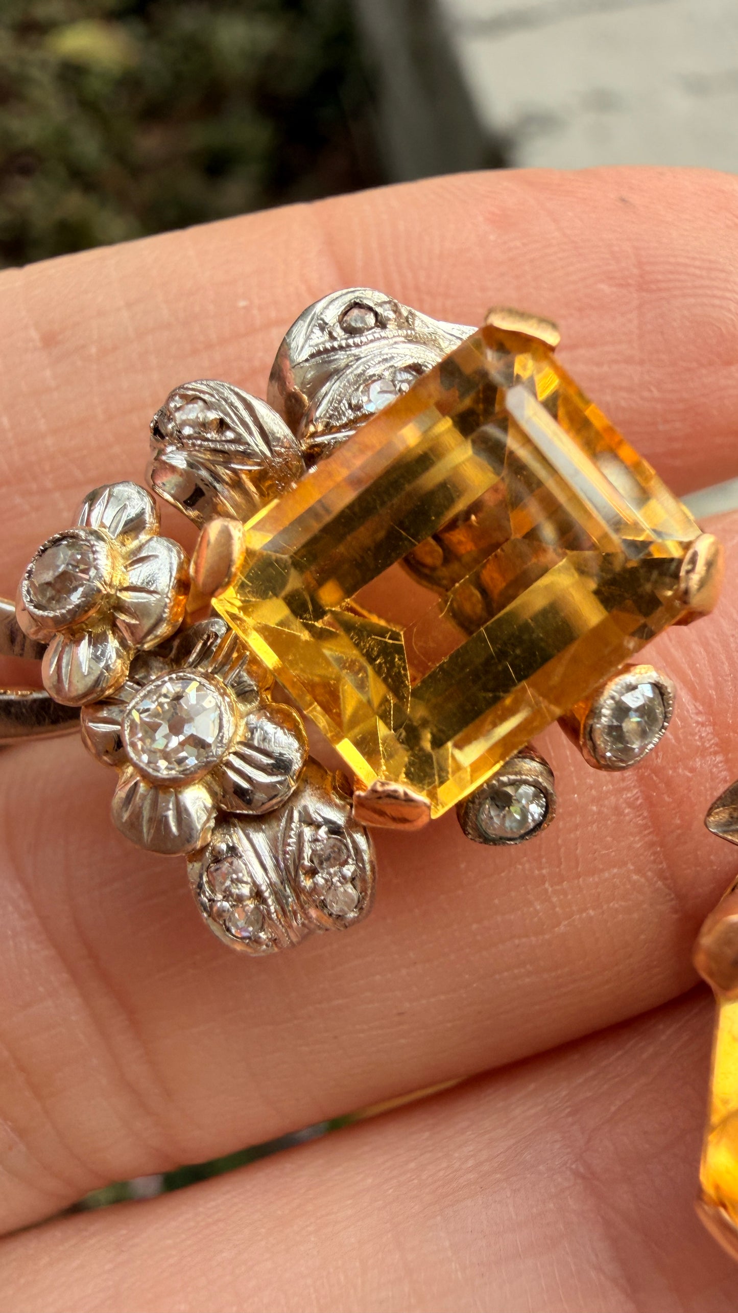 Antique Platinum and yellow 18K approx 10 ctw citrine and 1.2 ctw old mine cut diamond and rose cut diamond omega back earrings