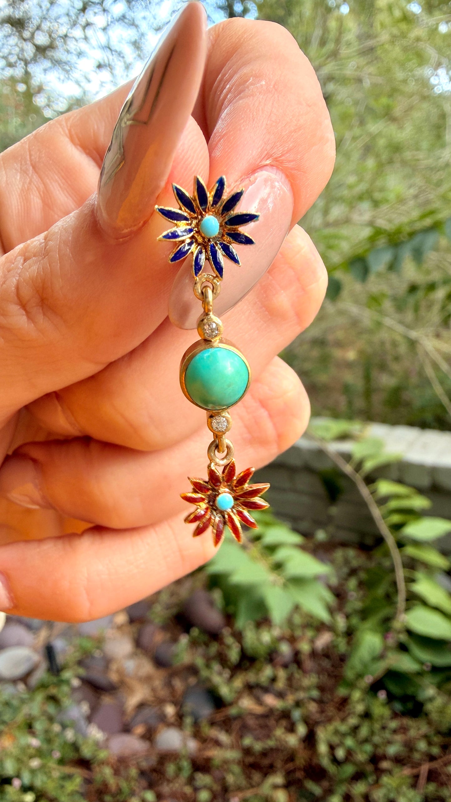 Estate yellow 18K turquoise bezel .05 diamond and enamel floral drop post earrings