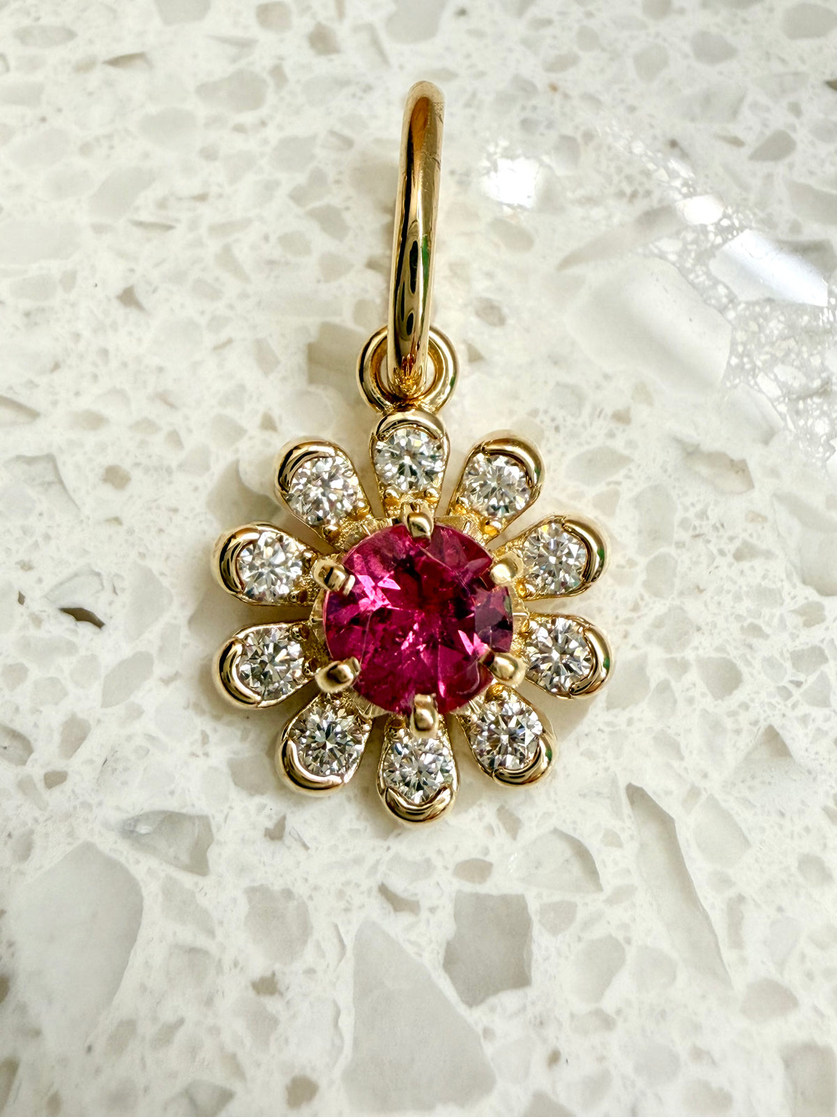 3GOG Natural Rubellite Tourmaline and Diamond Garden Party Flower Pendant 18K