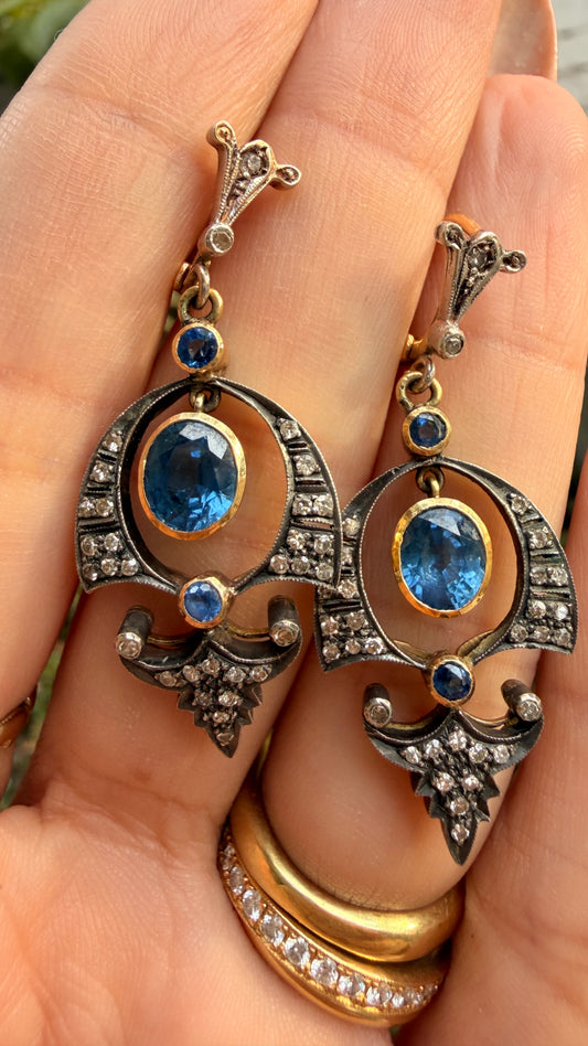 Vintage silver topped yellow 18K approx 2.4ctw natural sapphire and .3ctw diamond drop earrings with 14K leverback closures