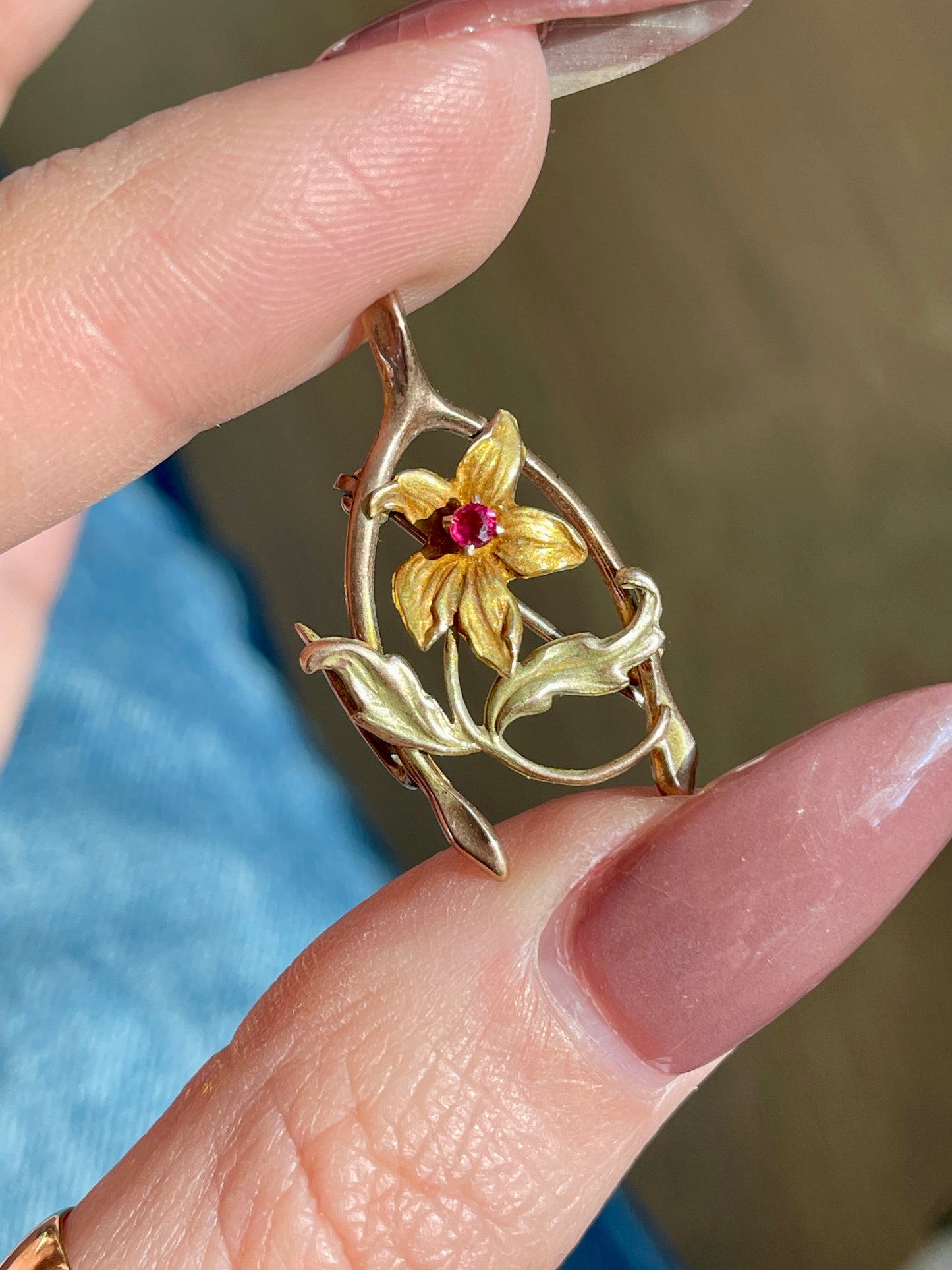 Vintage rose, yellow and green 10K gold wishbone pin with flower and charm hook