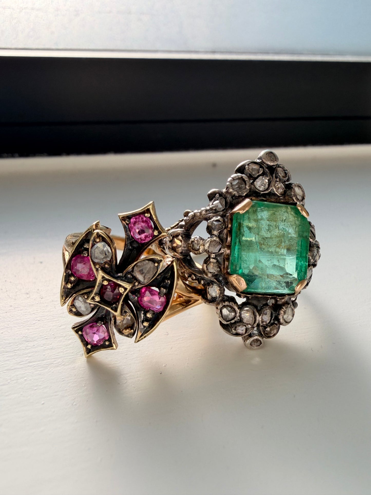 Antique 14K natural ruby and rose cut diamond axe ring, size 5.75