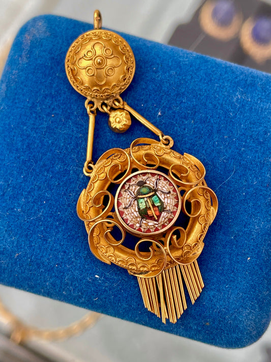 Antique yellow 14K micromosaic scarab pendant