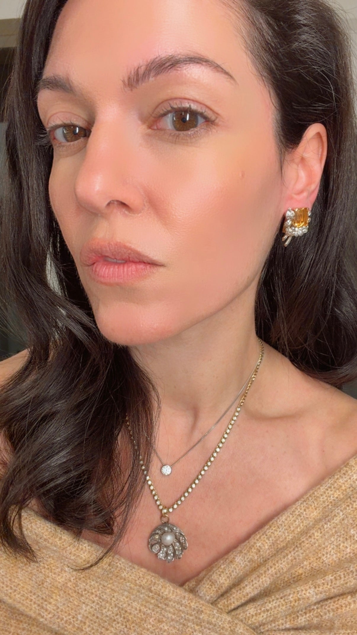 Antique Platinum and yellow 18K approx 10 ctw citrine and 1.2 ctw old mine cut diamond and rose cut diamond omega back earrings