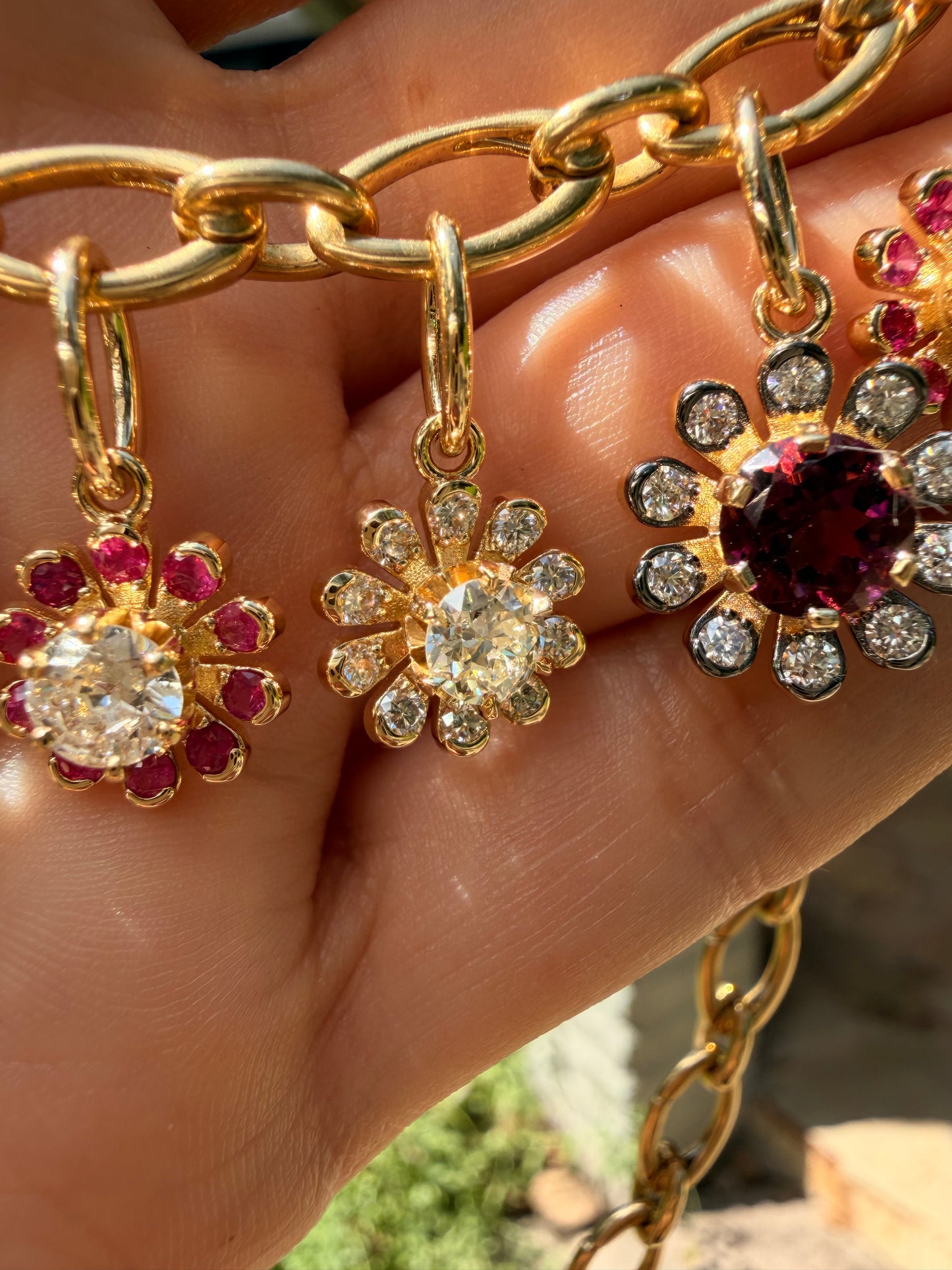 3GOG Natural Plum Pink Rubellite Tourmaline and Diamond Garden Party Flower Pendant with black rhodium 18K