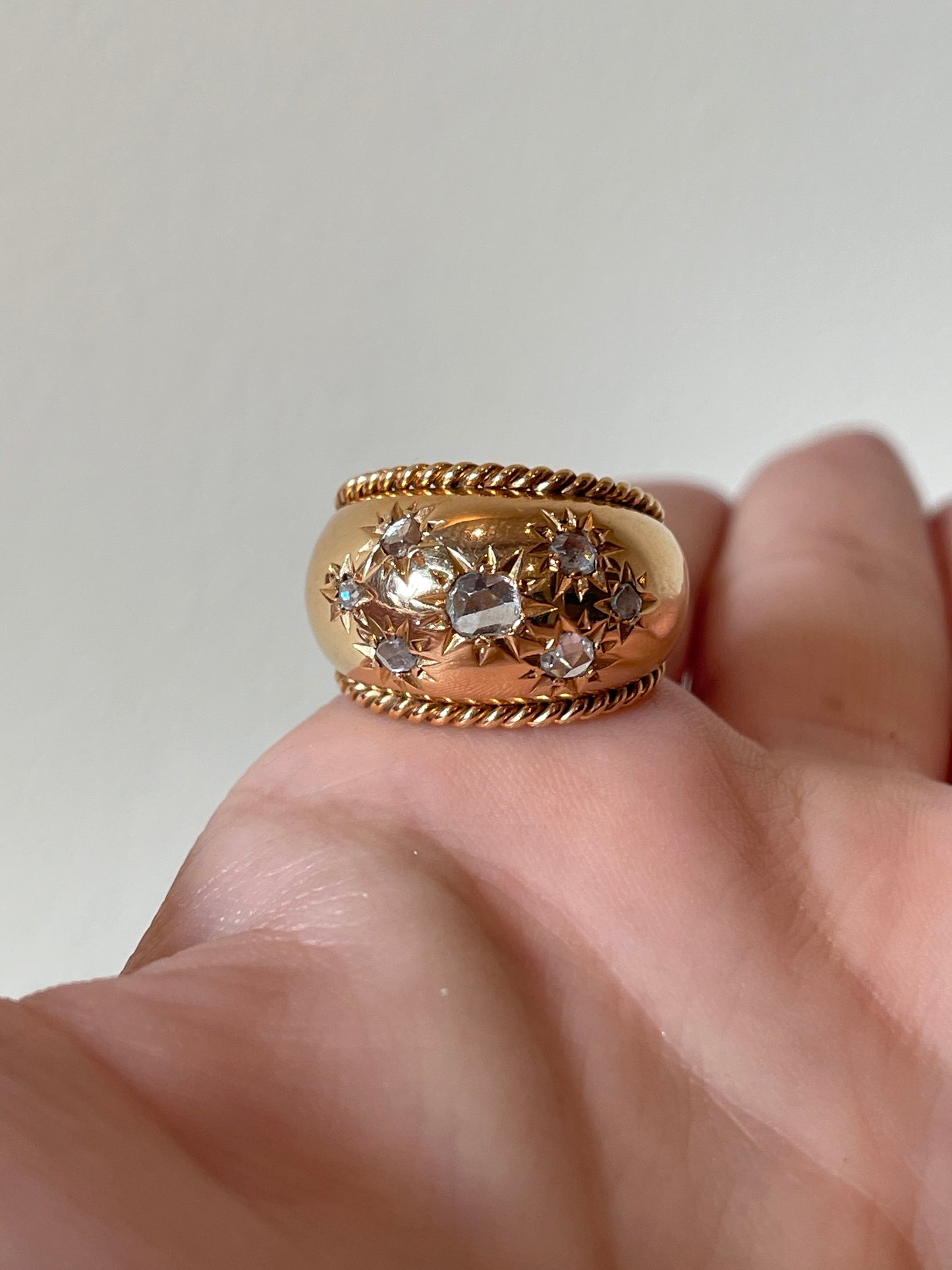 Antique French rosy yellow 18K approx .4 ctw star set rose cut diamond ring, size 4.25