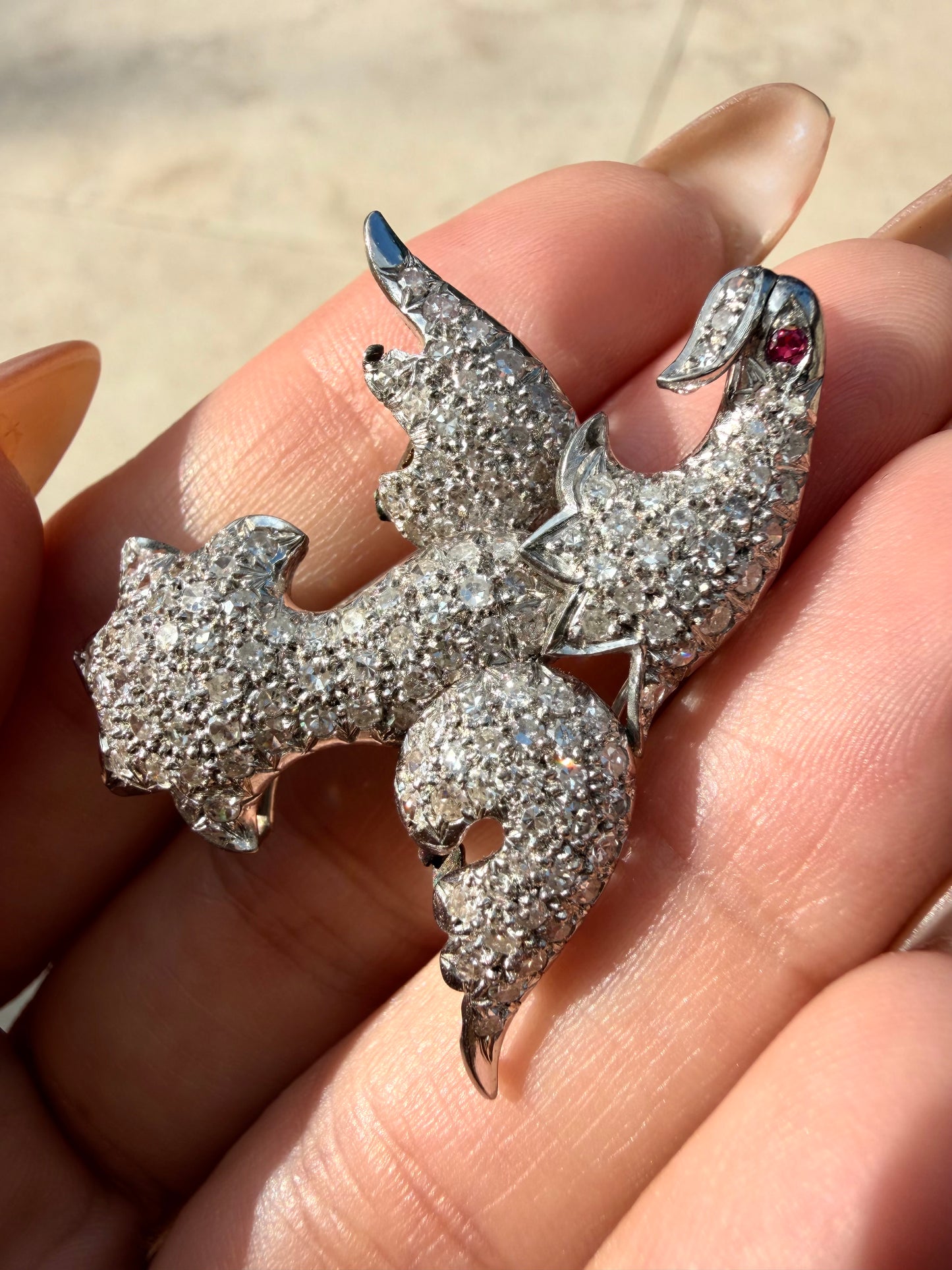 Vintage white 14K gold approx 1.6 ctw diamond and ruby bird brooch with pendant hook