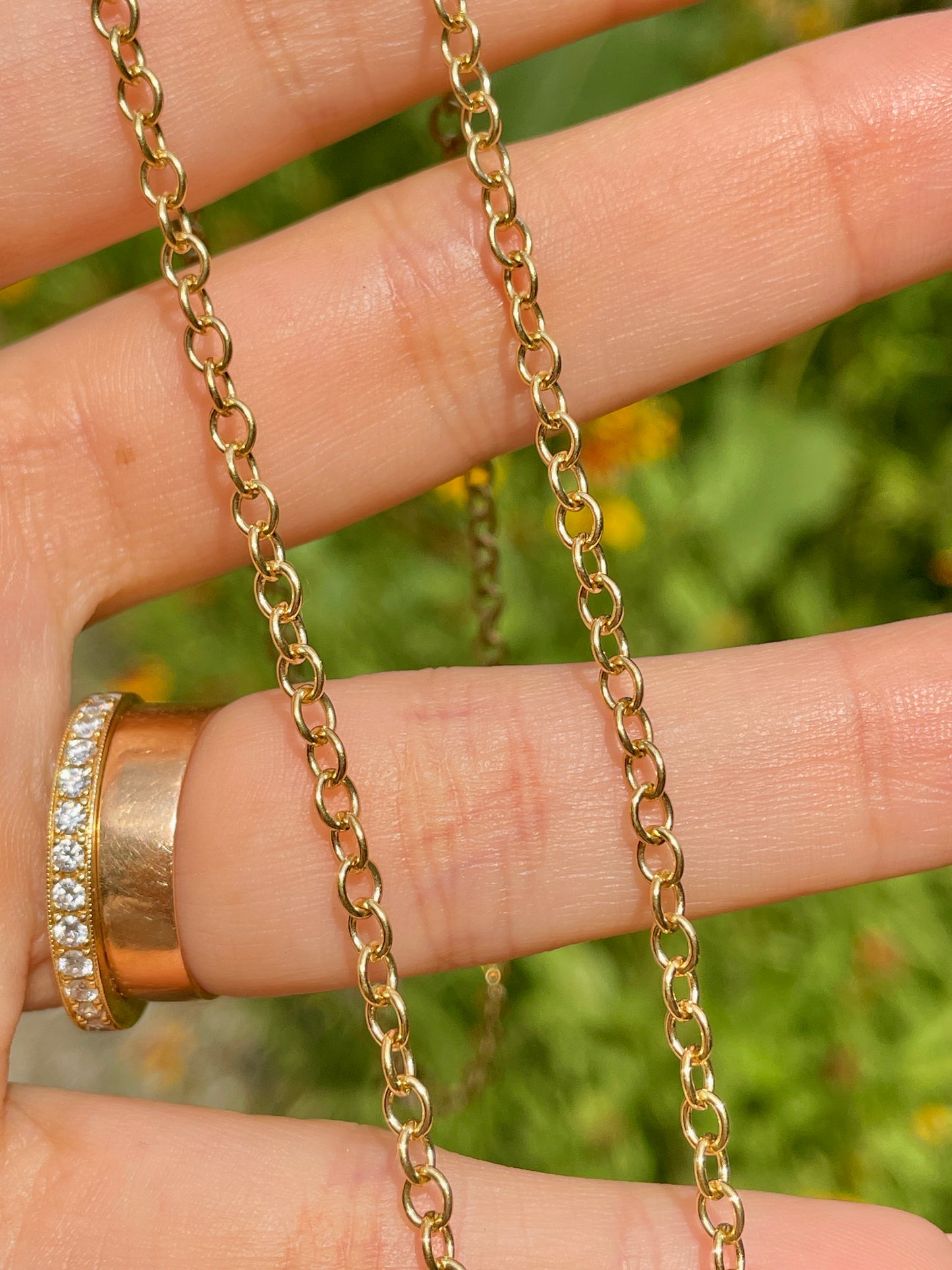 Vintage yellow 14K solid round link chain, 21.75 inch adjusts to any length