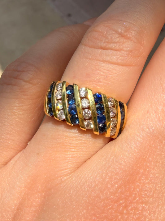 Vintage yellow 14K approx .64ctw sapphire and .36ctw diamond wide band, size 6