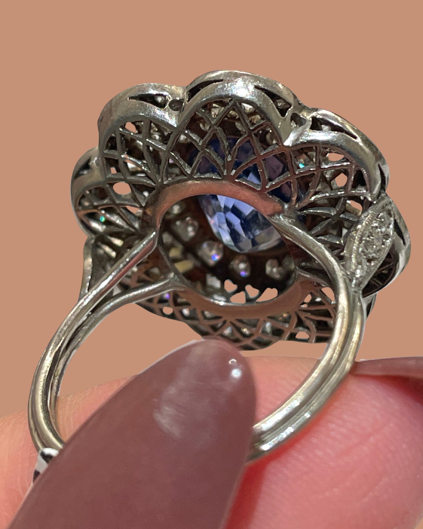 Vintage platinum approx 3.5 ctw natural sapphire and .8 ctw diamond statement ring, size 7-7.25