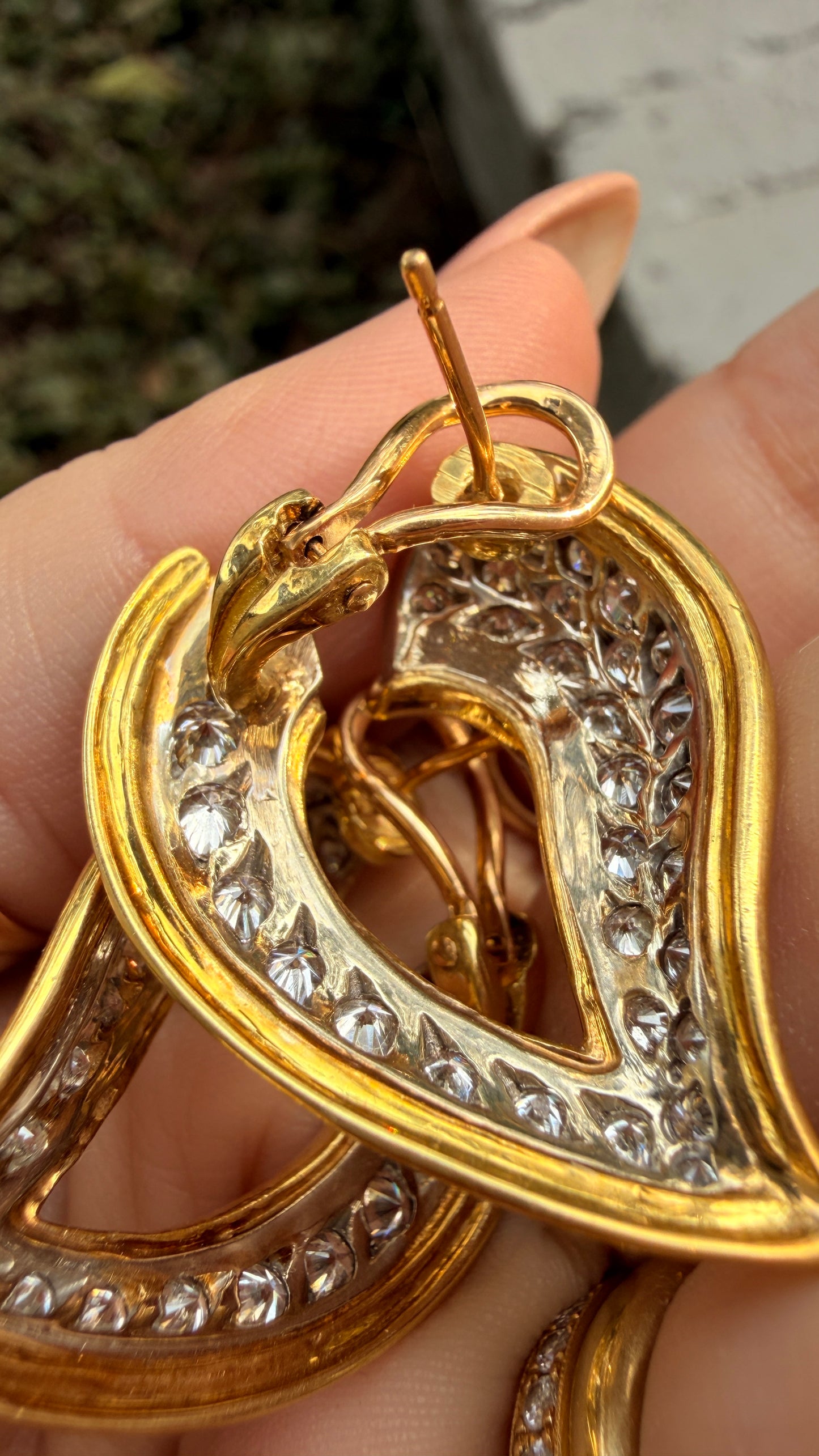 Vintage yellow and white 18K approx 2.4ctw diamond leaf-like heart omega back earrings
