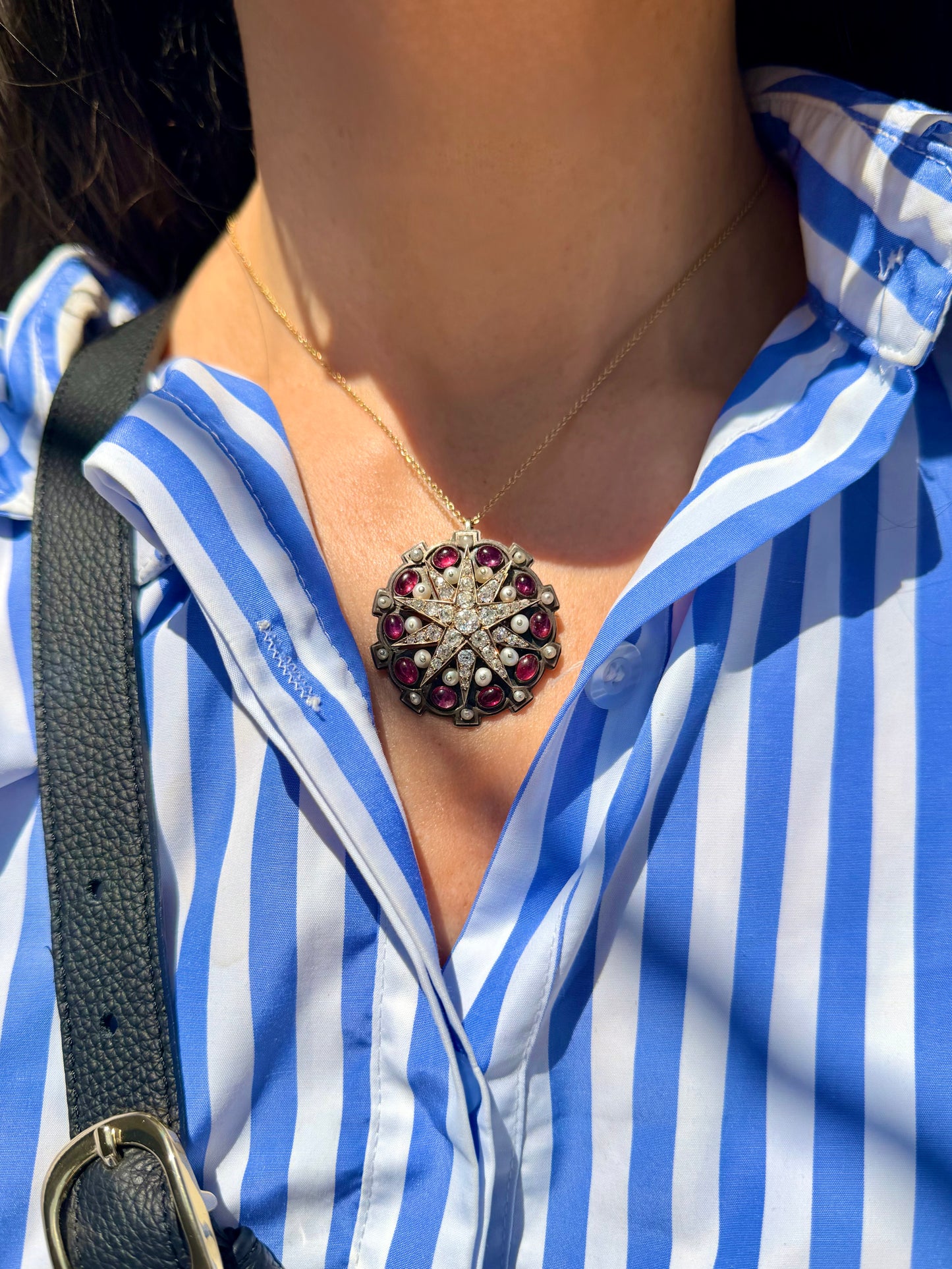 Antique 14K gold and silver approx 2 ctw Old Mine Cut diamond star and 3.5 ctw ruby and pearl convertible brooch pendant