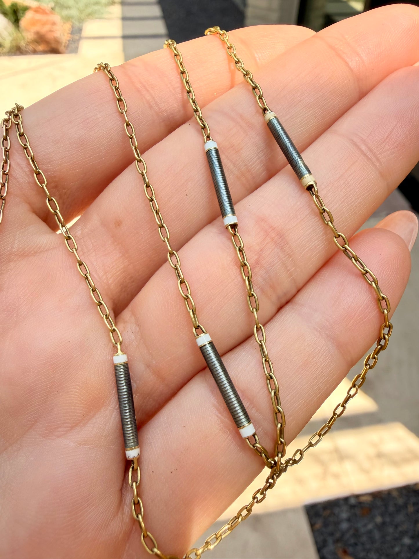 Antique yellow 14K gold grey and white enamel bar link chain with bolt drop, 21.5 inch