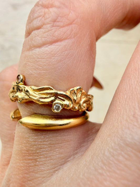 Vintage yellow 14K eternity ring with snakes, flora, shell details and .03ctw diamonds, size 6.5