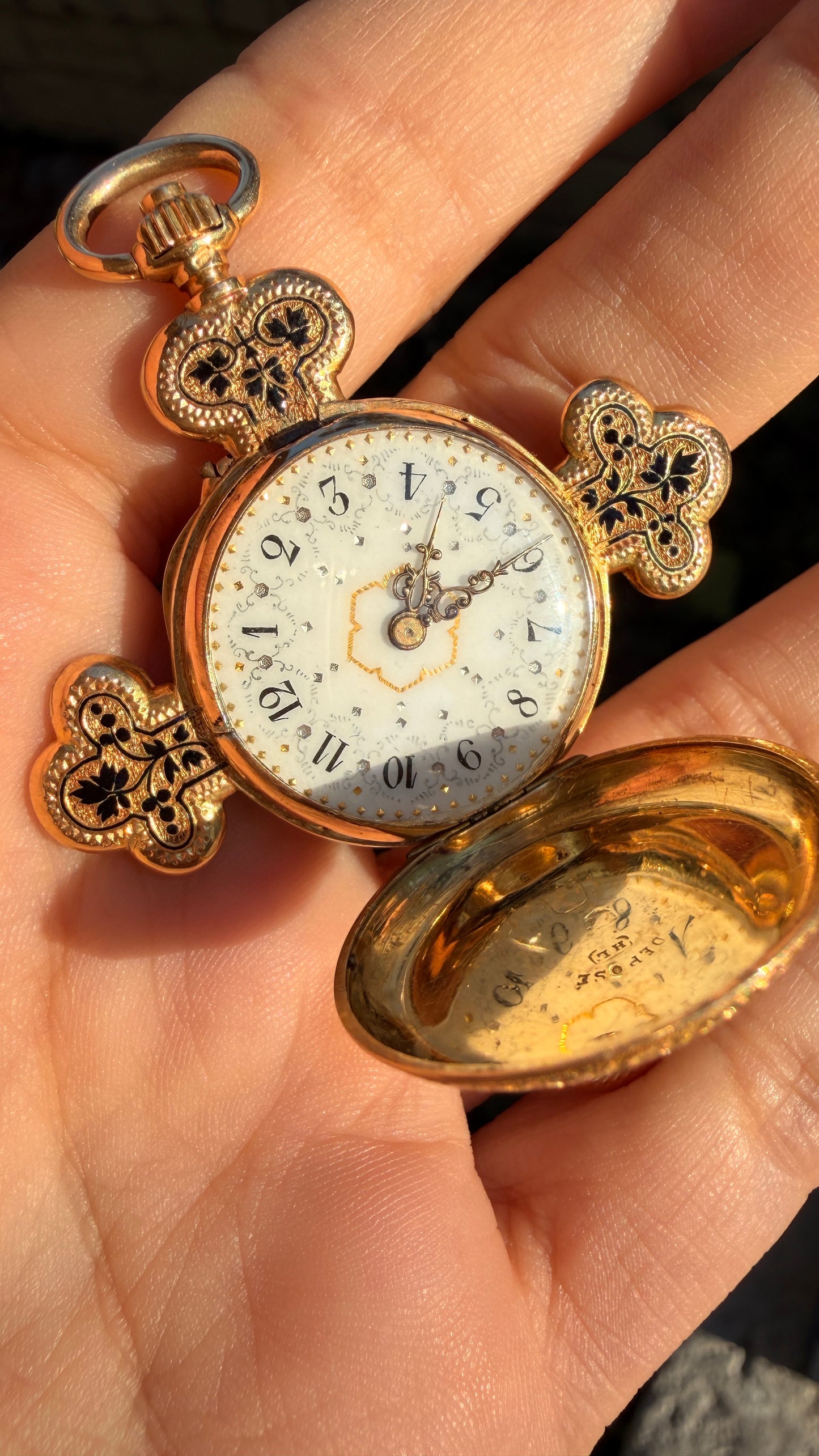 Antique Victorian yellow 18K symbolic cross watch pendant with rose cut diamonds and enamel