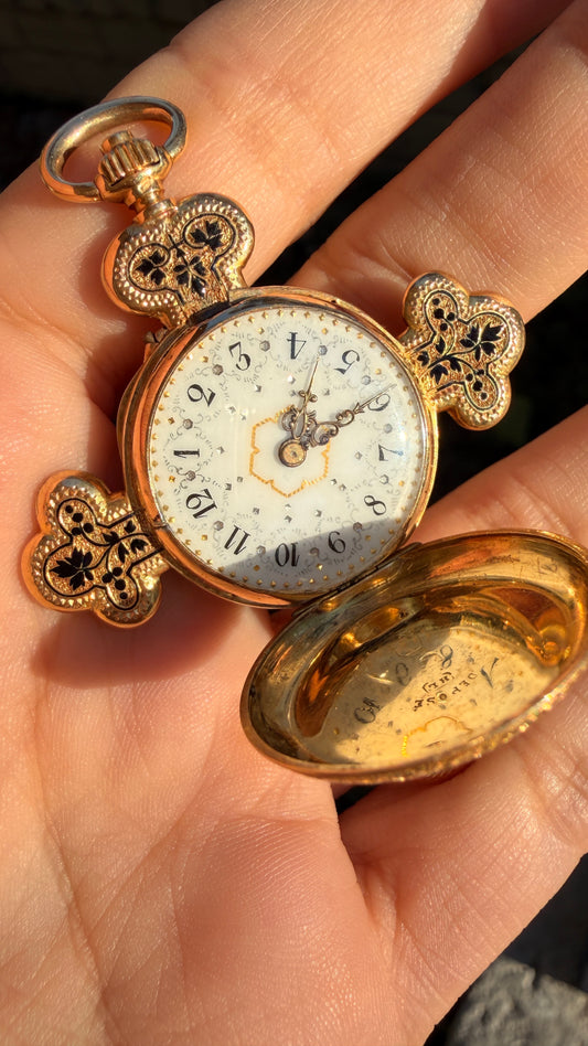 Antique Victorian yellow 18K symbolic cross watch pendant with rose cut diamonds and enamel