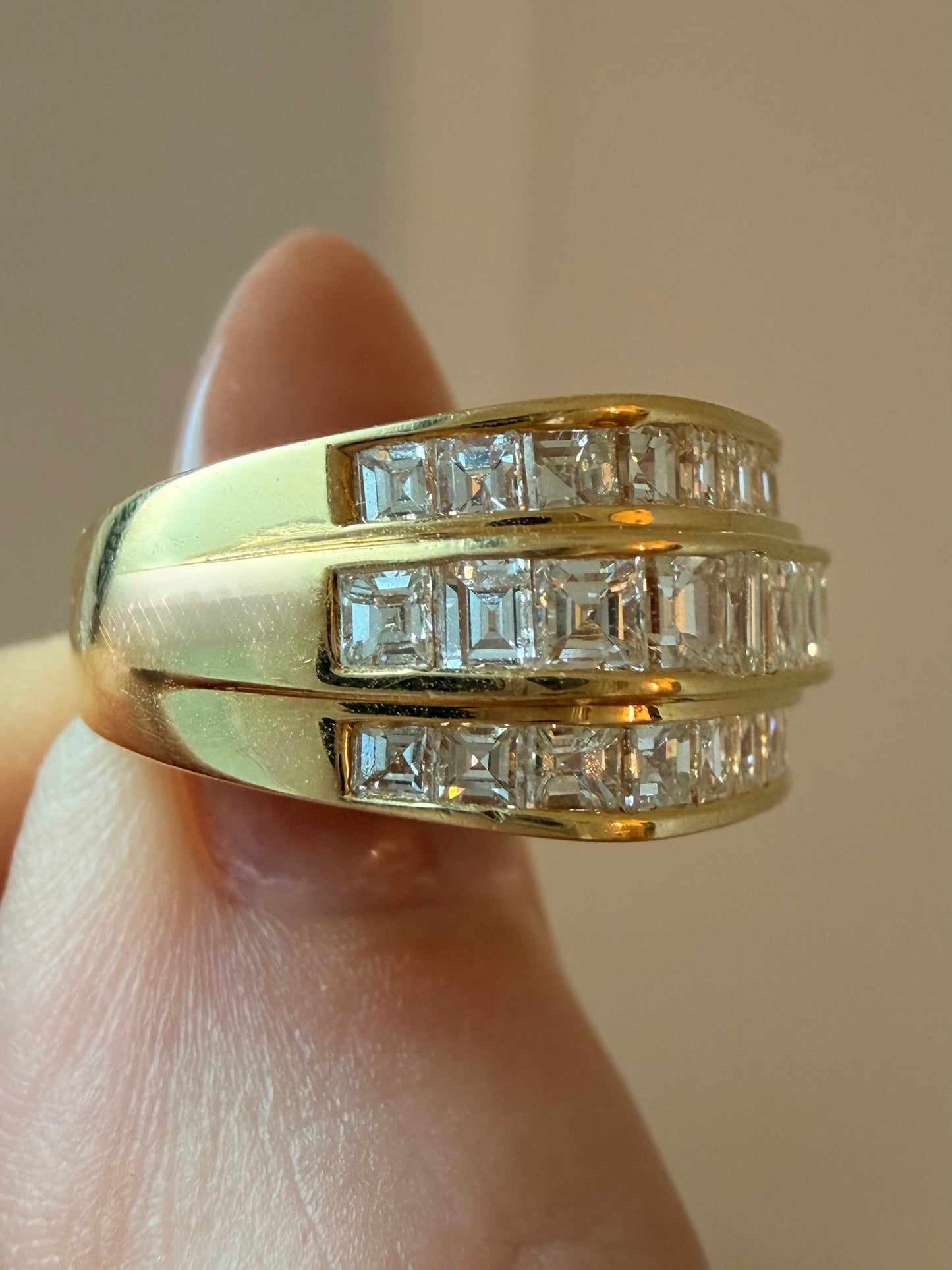 Vintage yellow 18K gold 2.2 ctw step cut diamond triple row band, size 6.25