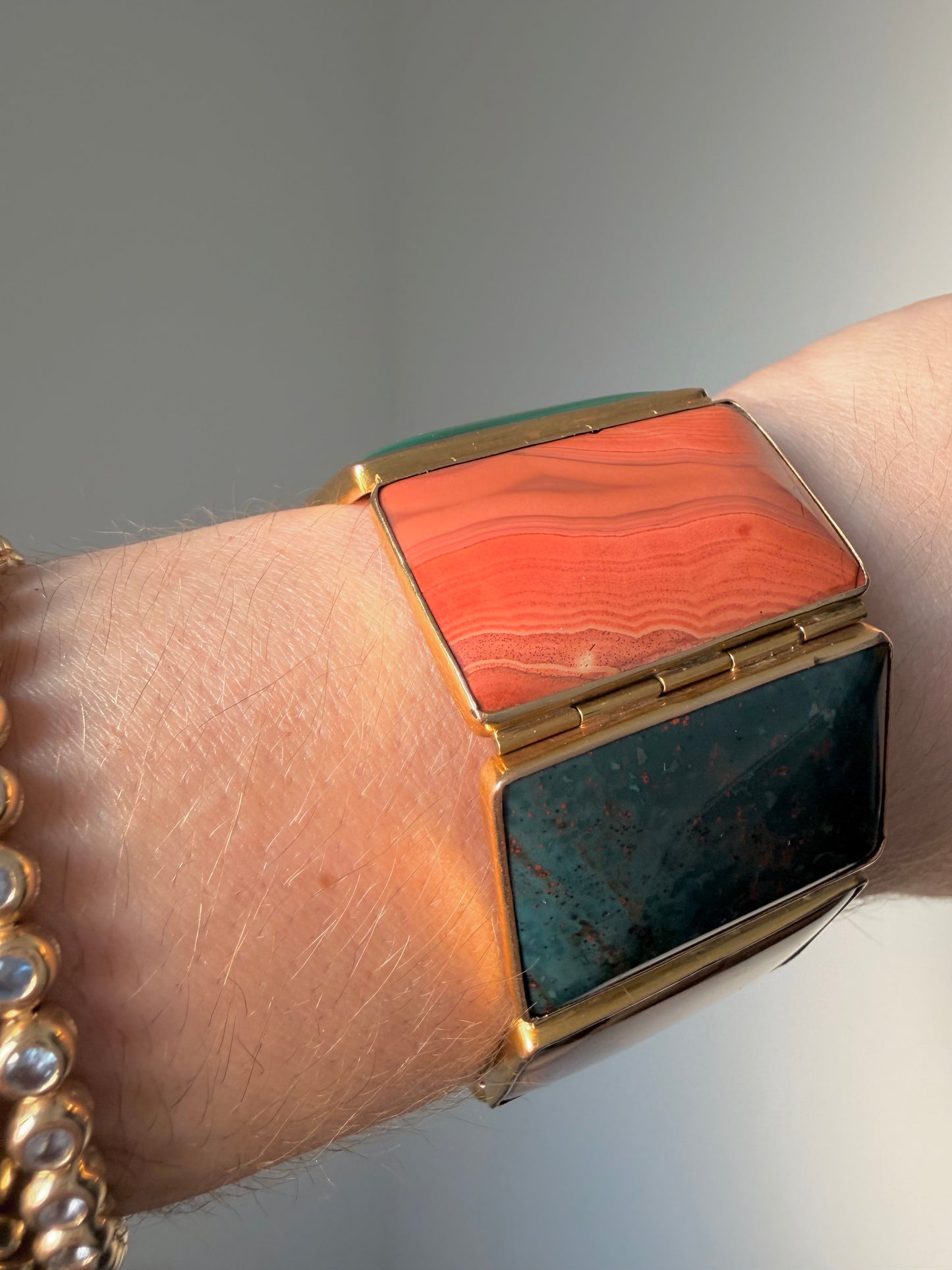 Antique yellow 14K Victorian hardstone panel bracelet, 6.75 inch