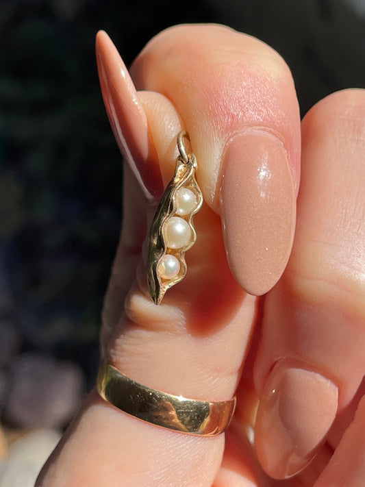 Vintage yellow 14K gold pearl peapod charm with 10K gold bale