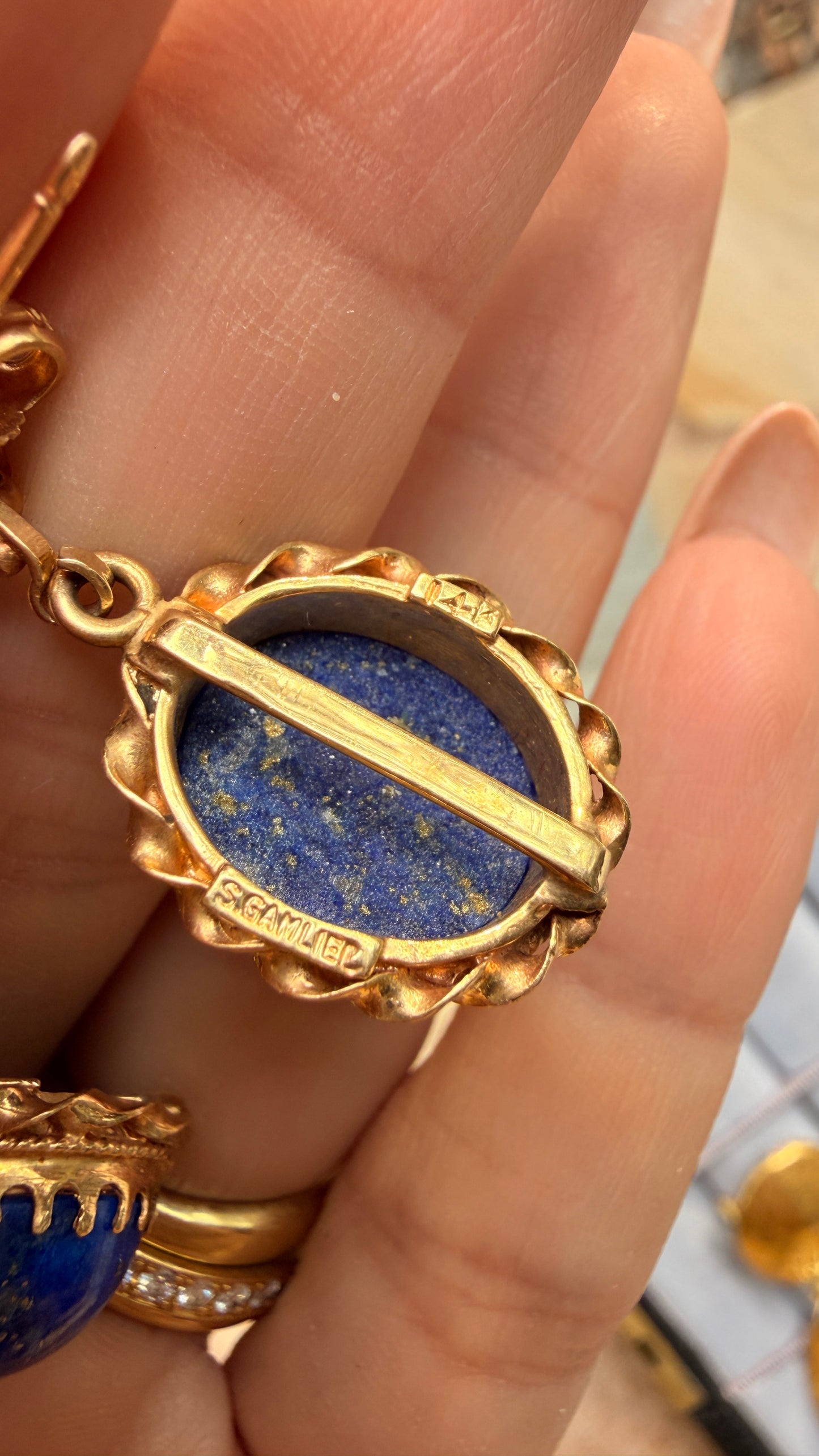 Vintage yellow 14K gold midcentury lapis dangle post back earrings with rope detail