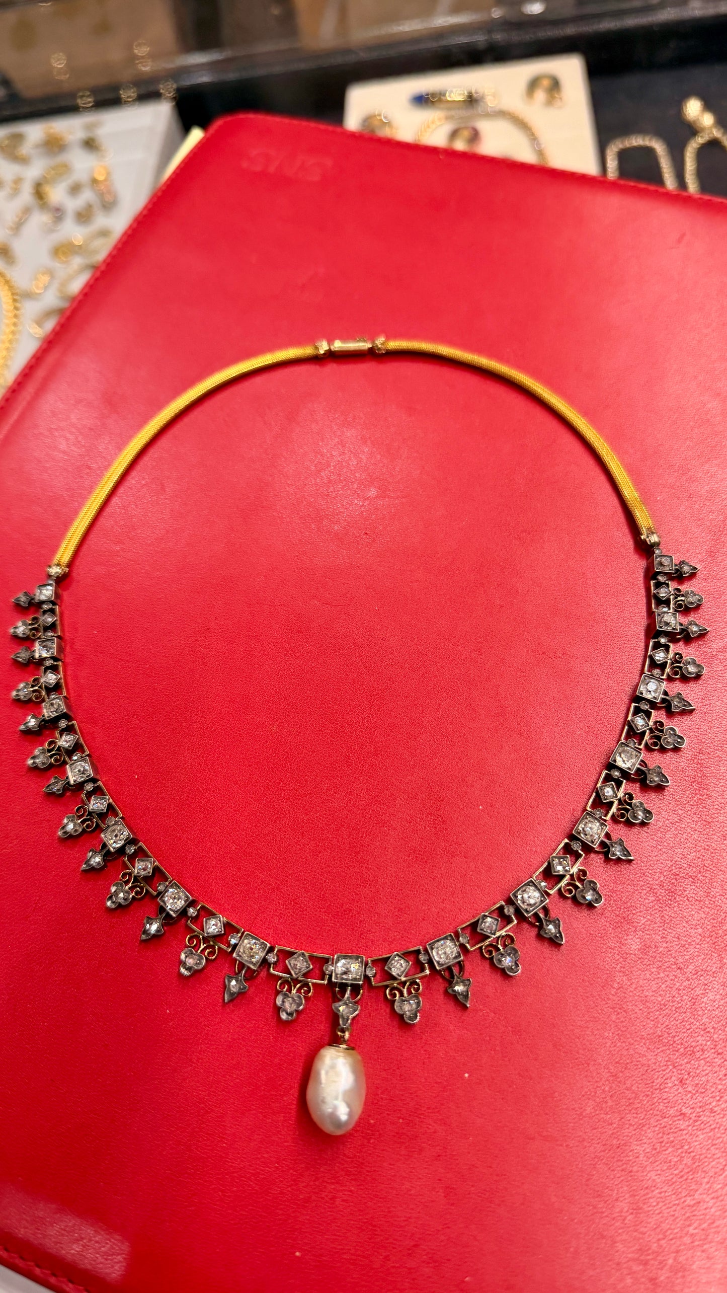 Antique 21K gold and silver topped over 7ctw Old Mine Cut diamond, rose cut diamond and pearl fringe chain, 16 and 7/8 inch