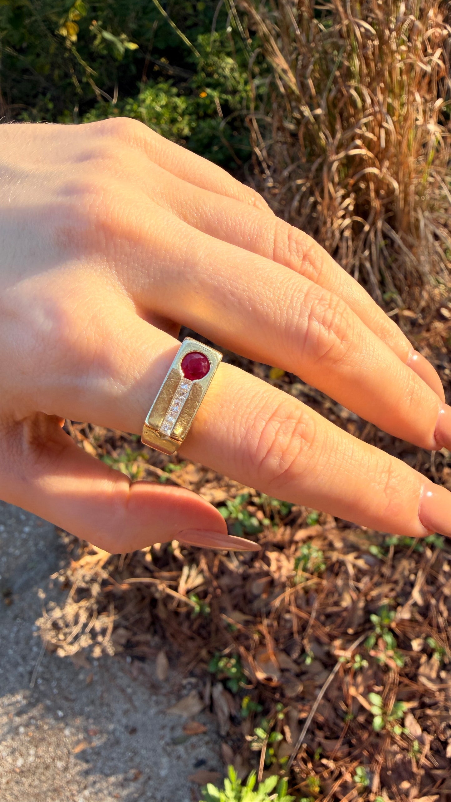 [PRIVATE] Vintage yellow 14K approx .55ctw natural ruby and .08ctw princess cut diamond rectangular face ring, size 7.75