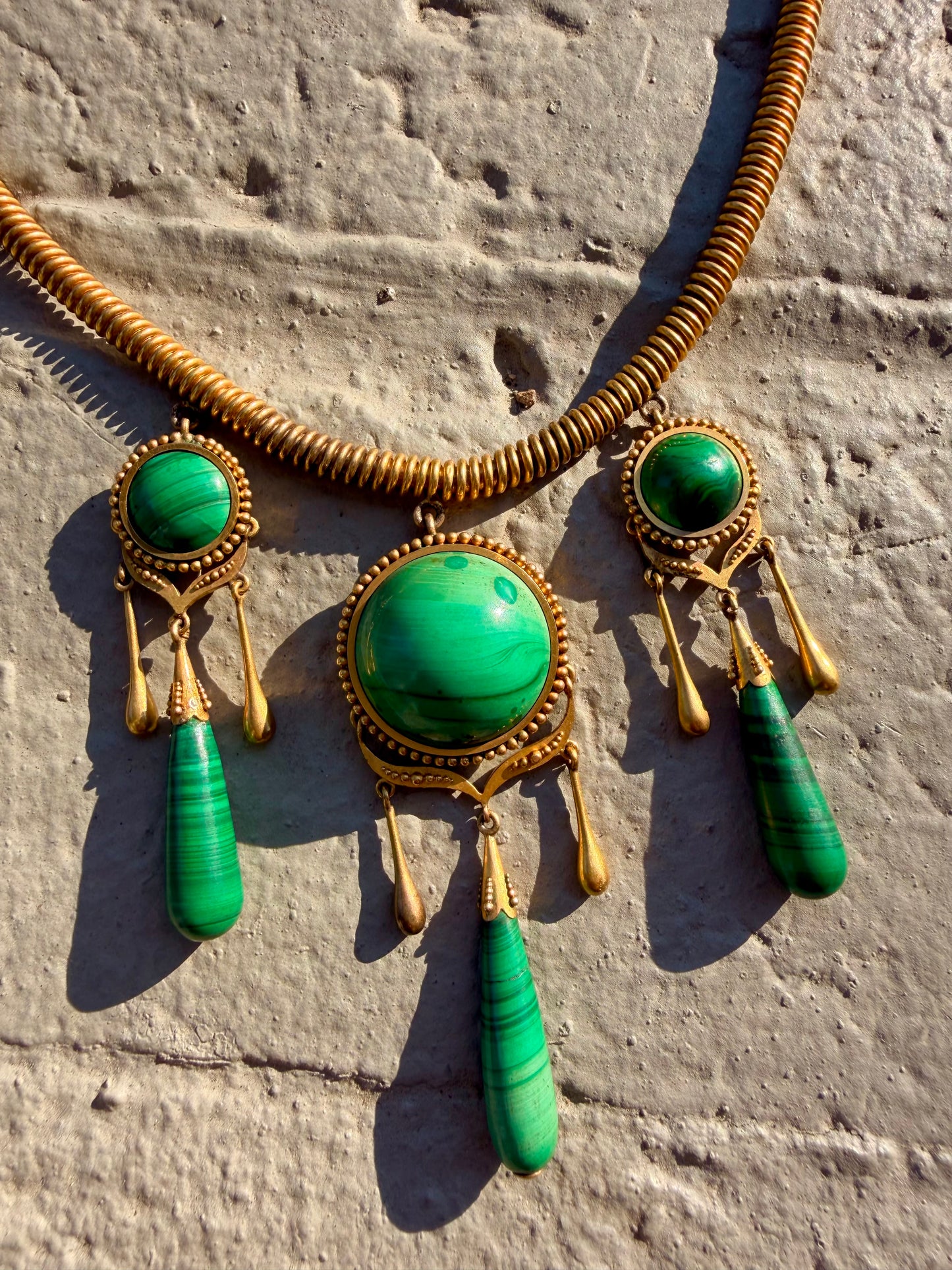 Antique yellow 18K tubogas malachite drop necklace, 16 and 1/8 inch
