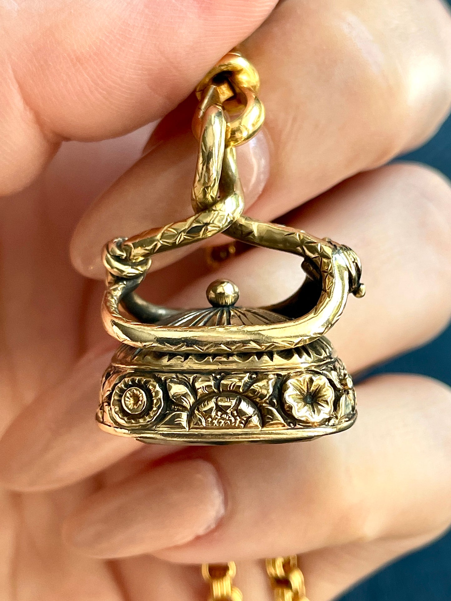 Antique 14K snake and floral fob with faceted foil back quartz