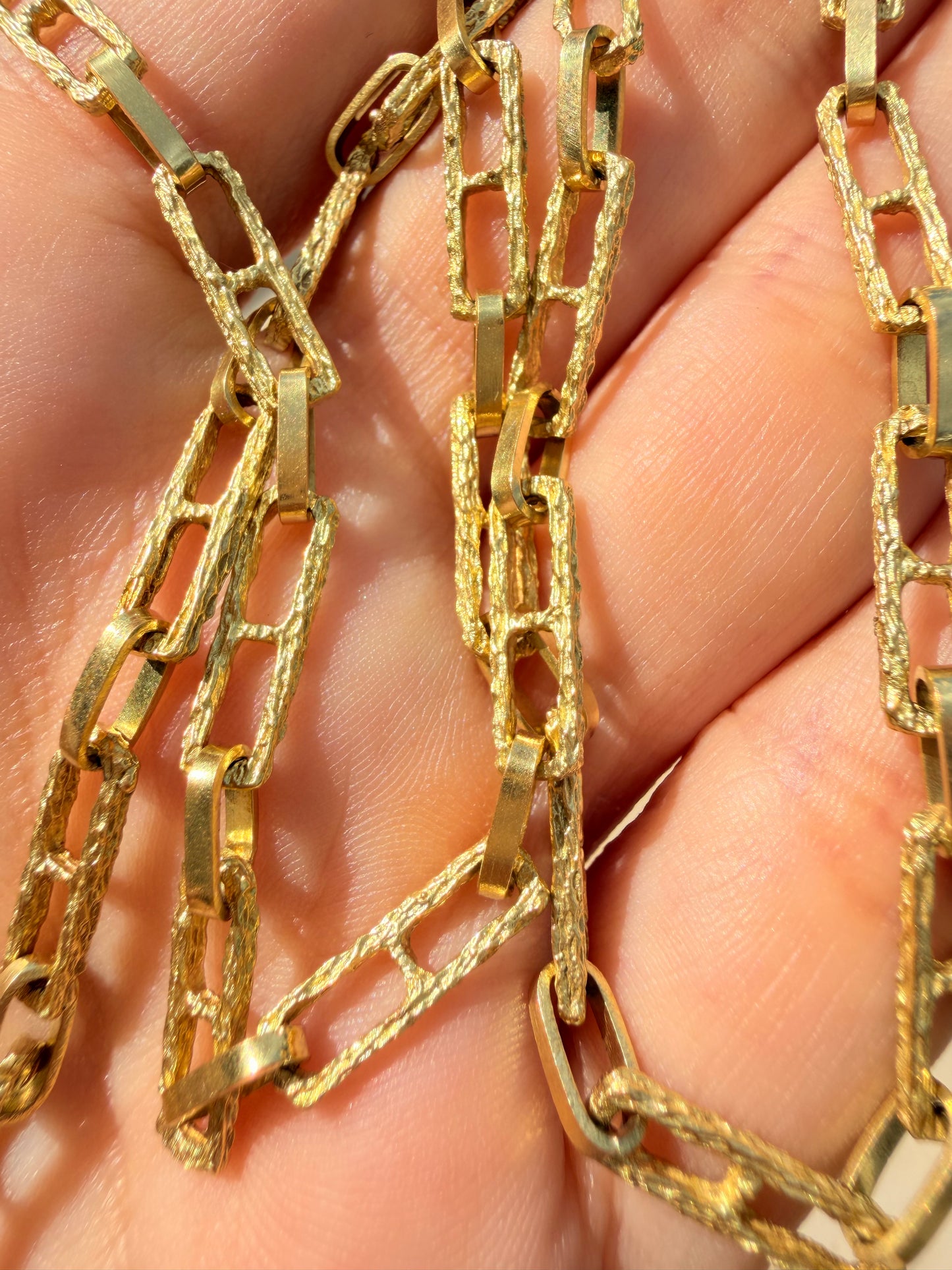 Vintage yellow 18K textured geometric chain, 24 and 3/8 inch
