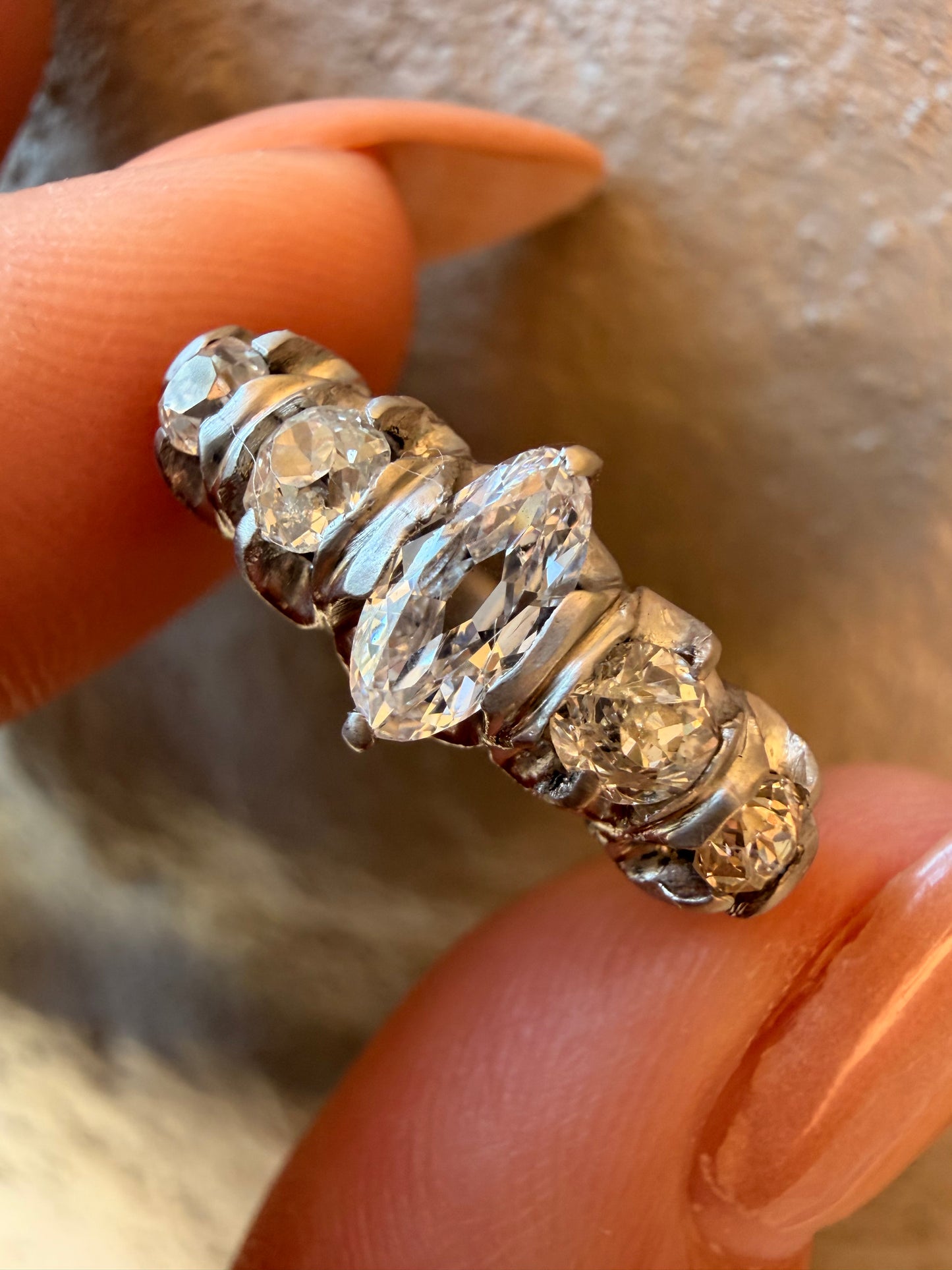 Antique platinum approx 1.1ctw moval diamond and old mine cut diamond 5 stone ring, size 5.5-5.75