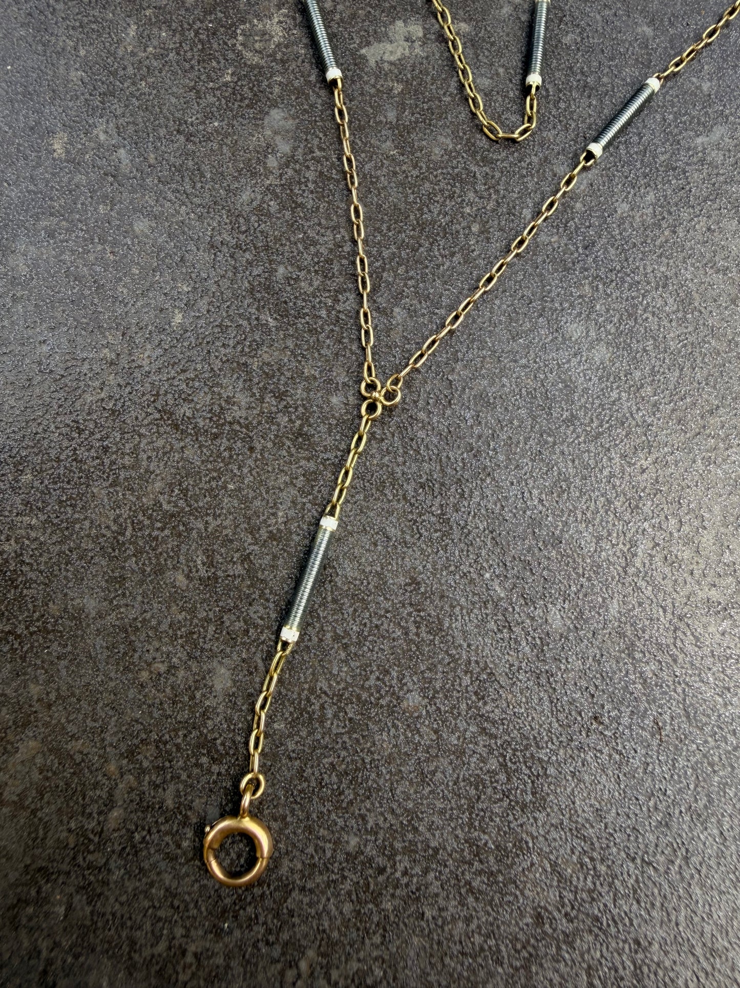 Antique yellow 14K gold grey and white enamel bar link chain with bolt drop, 21.5 inch