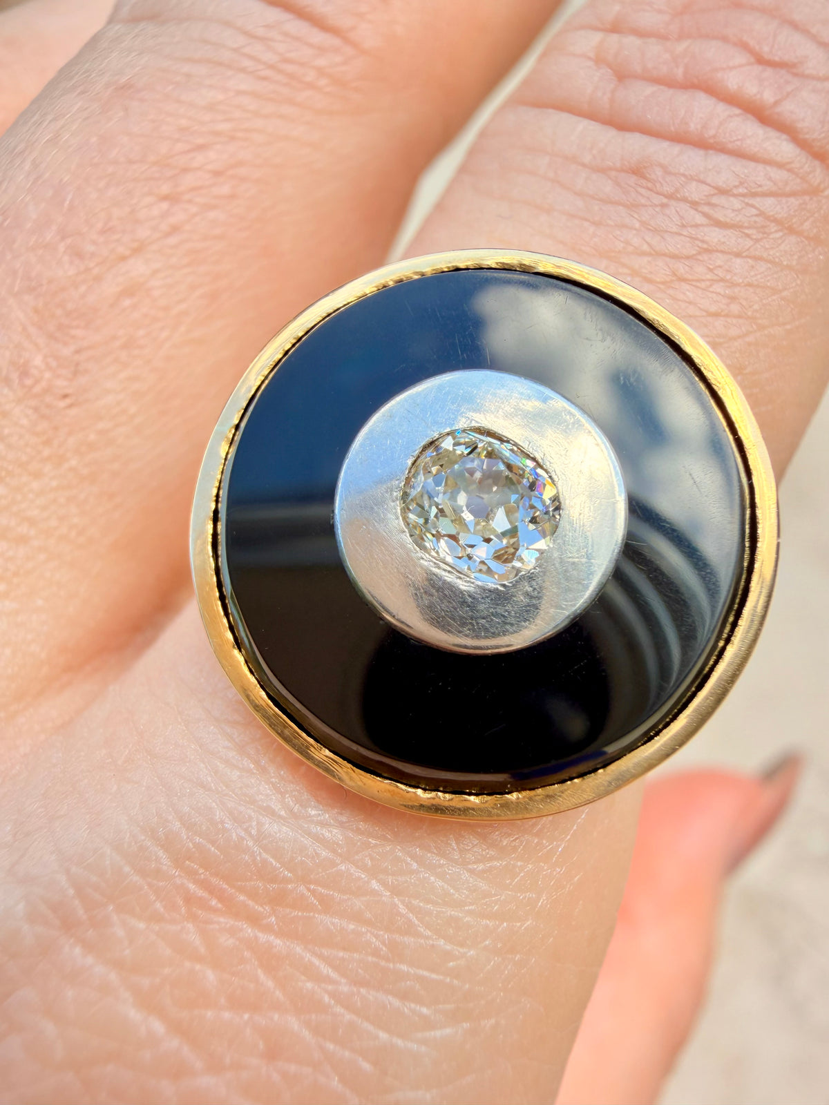 Vintage 18K onyx target ring with .5 ctw old mine cut diamond, size 7.25-7.5
