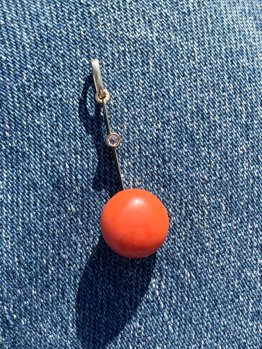 Vintage yellow 18K gold coral ball and rose cut diamond pendant