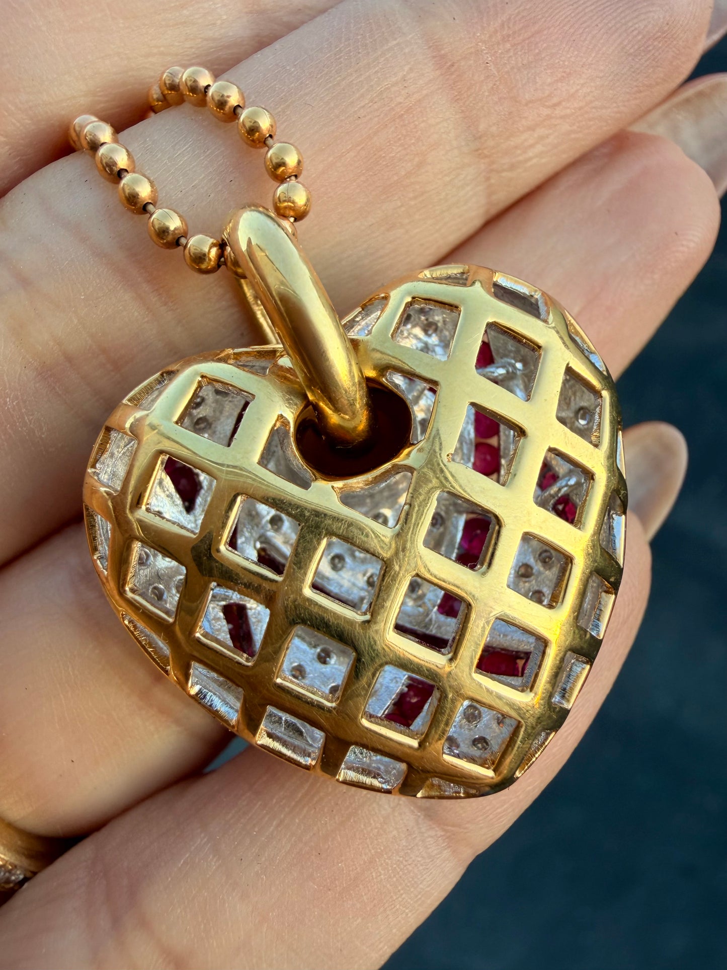 Vintage 18K approx 1.75ctw natural ruby and .55ctw diamond wrapped heart pendant