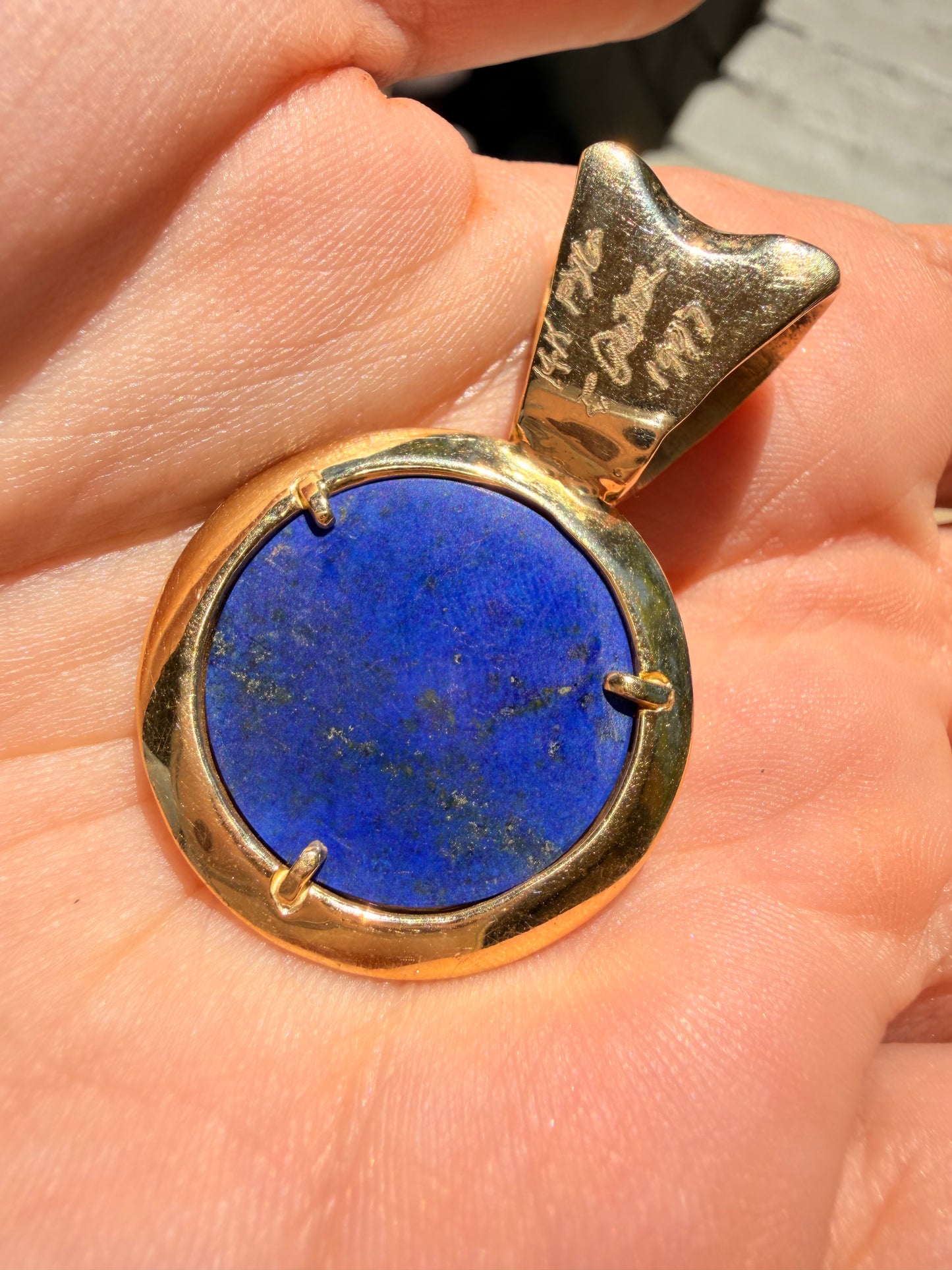 Vintage yellow 14k gold handmade lapis medallion statement pendant