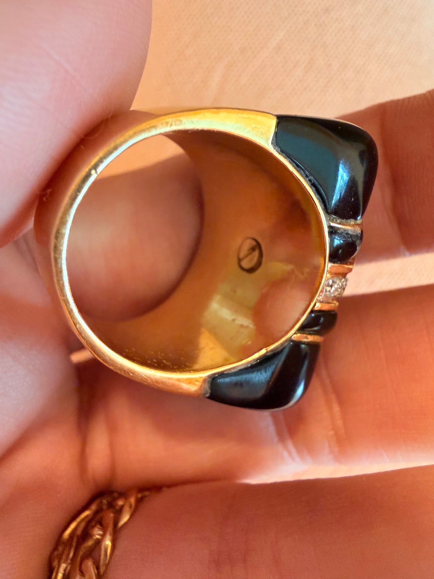 Vintage yellow 18K gold circa 1970s onyx and .23 ctw diamond statement ring, size 6.5
