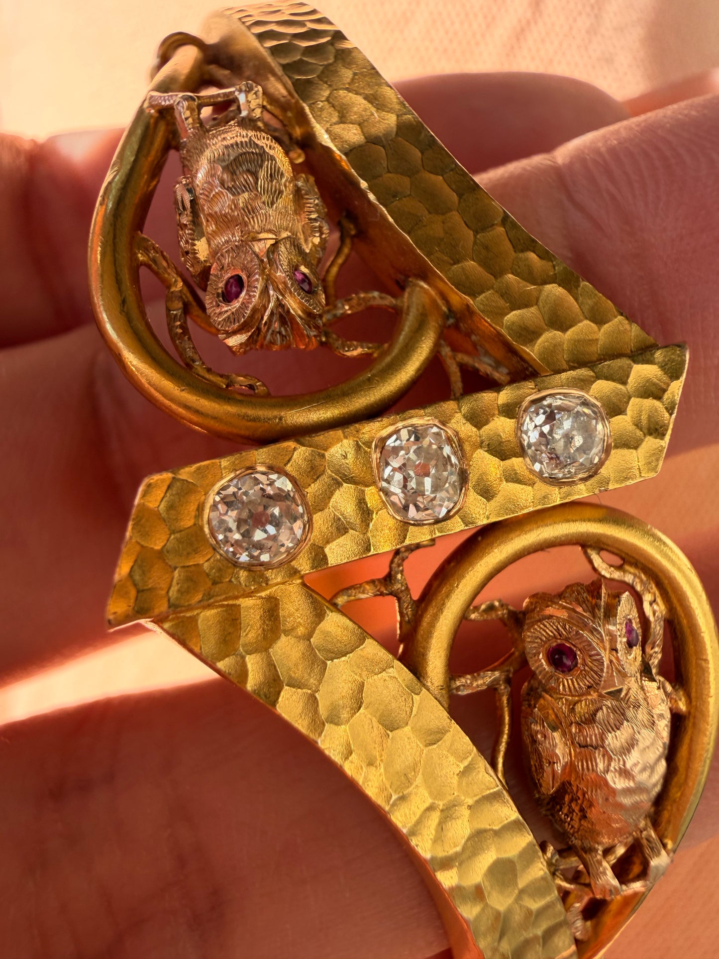 Antique 14K owls hinge bangle with approx .35ctw old mine cut diamonds