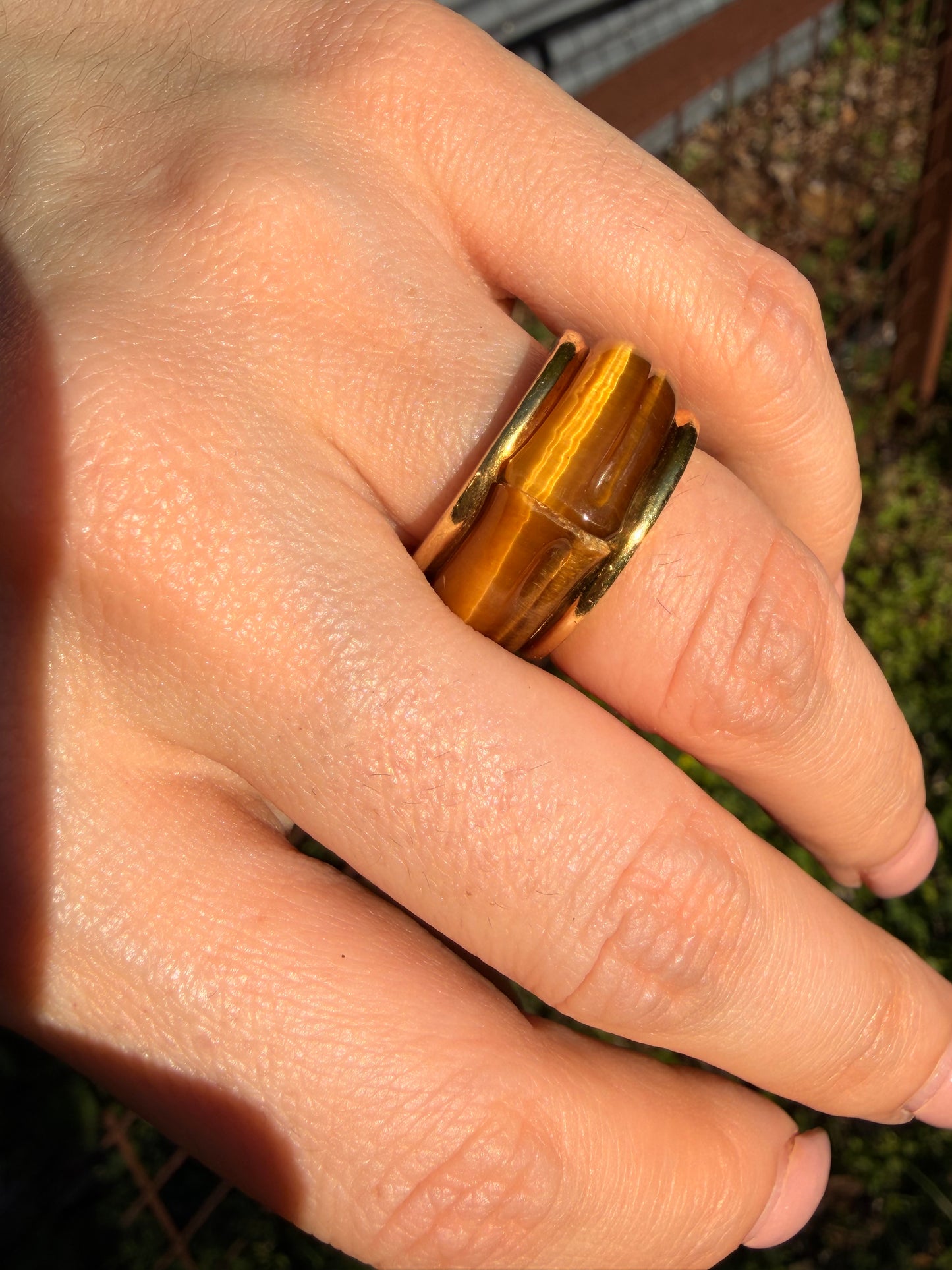 Vintage yellow 18K Tiffany & Co tigers eye inlay bamboo wide ring, size 5.75
