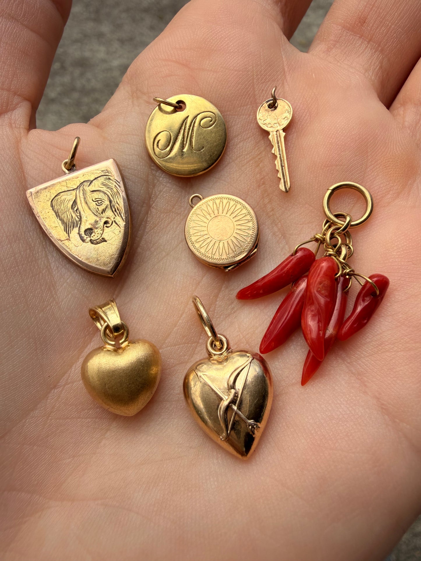 Antique yellow 14K hand engraved Dog on shield charm