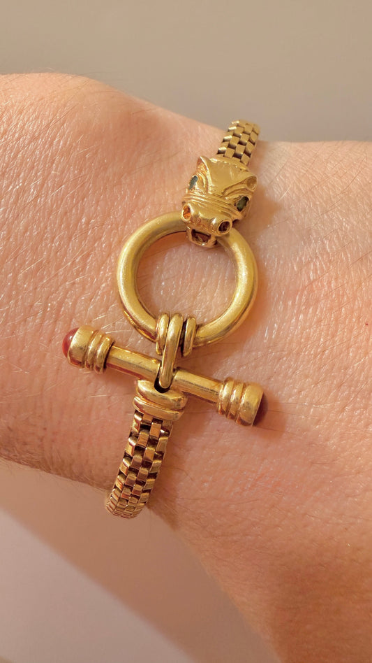 Vintage yellow 14K emerald eye dragon and red stone bar link bracelet, 7 and 1/8 inch