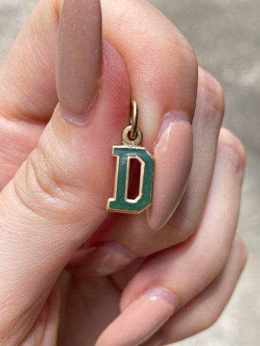 Vintage yellow 14K green enamel D letter charm