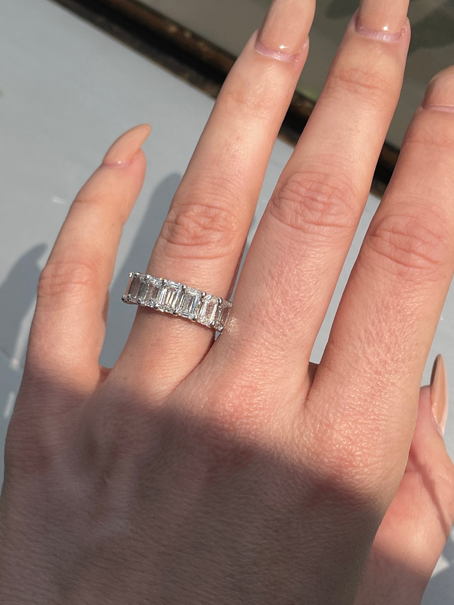 [PRIVATE] White 18K gold approx 3.69ctw emerald cut 7-stone diamond ring, size 6.5