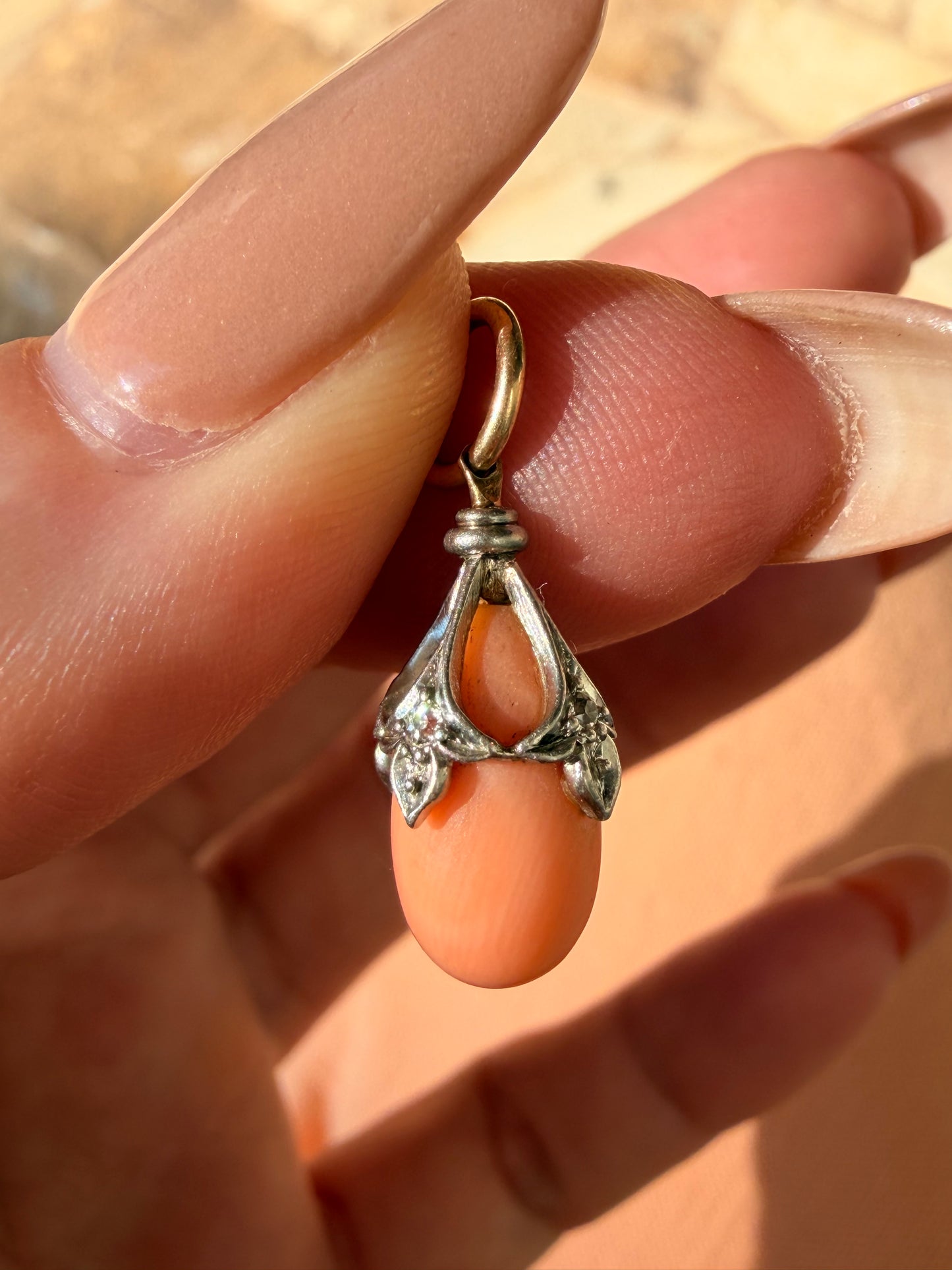 Antique 14K angelskin coral old cut diamond teardrop charm