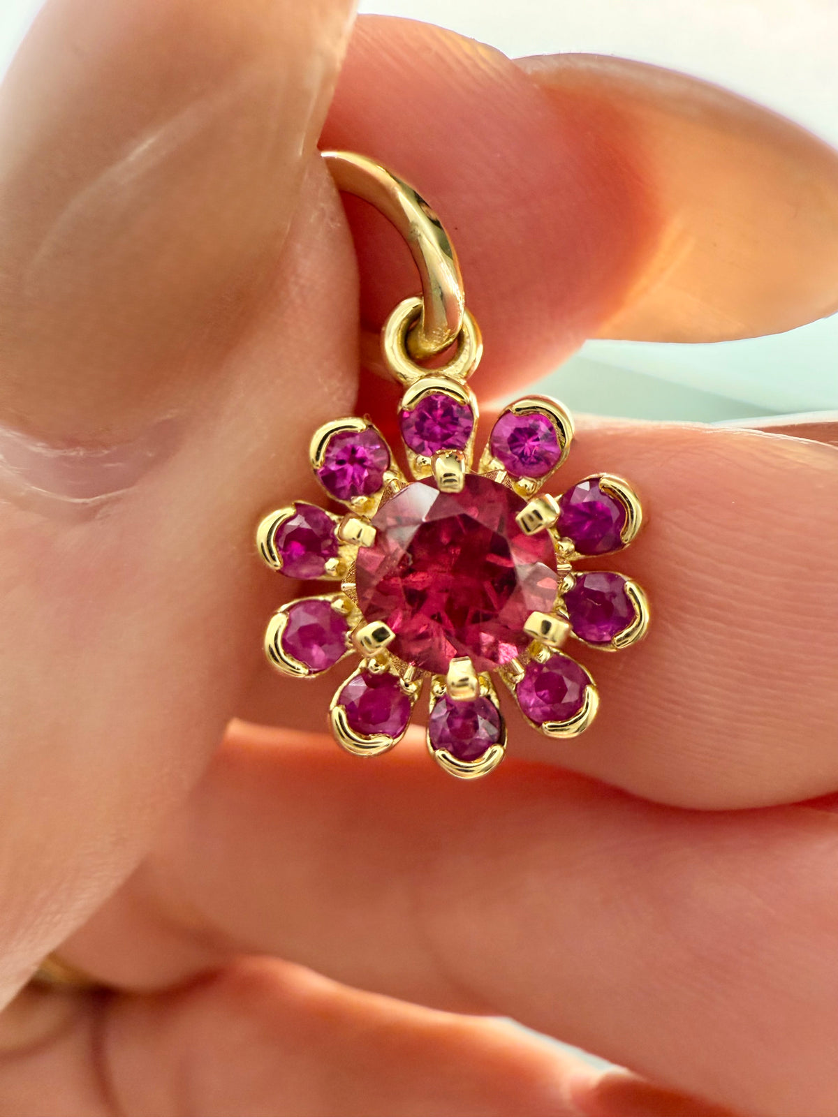 3GOG Natural Rubellite and Pink Sapphire Garden Party Flower Pendant 18K
