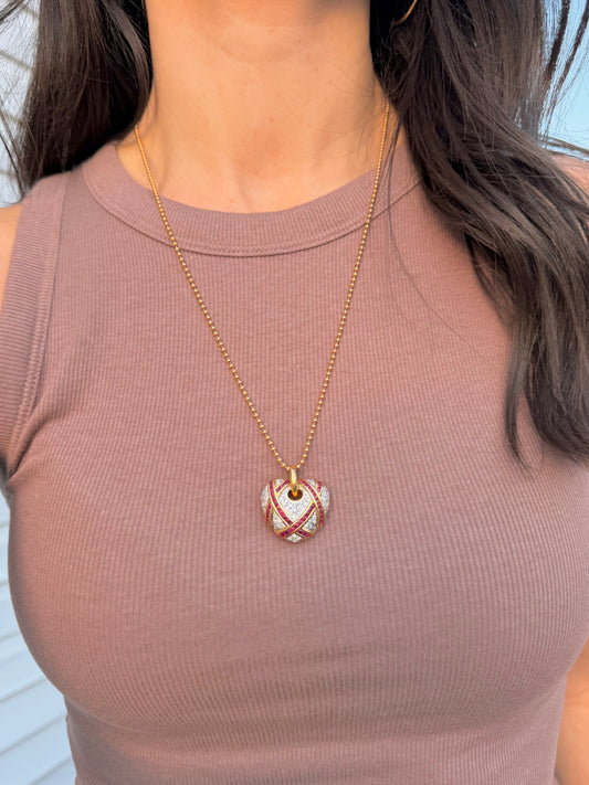 Vintage 18K approx 1.75ctw natural ruby and .55ctw diamond wrapped heart pendant