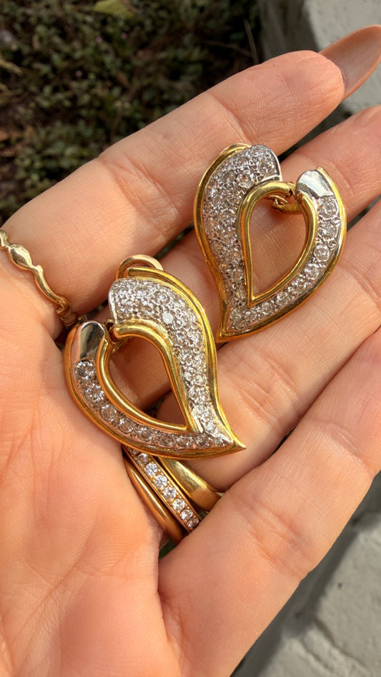 Vintage yellow and white 18K approx 2.4ctw diamond leaf-like heart omega back earrings
