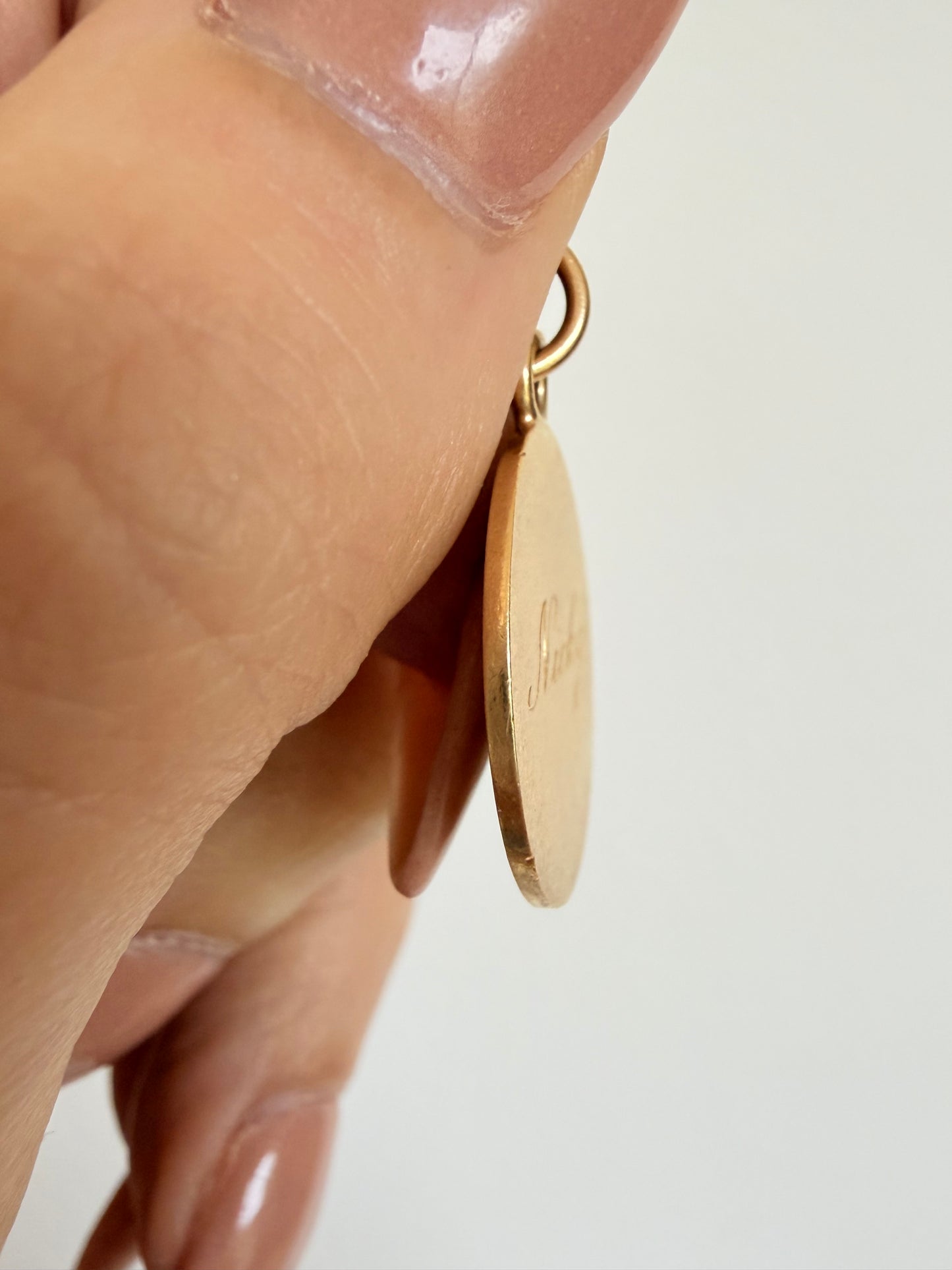 Vintage yellow 14K gold hand engraved name pendants