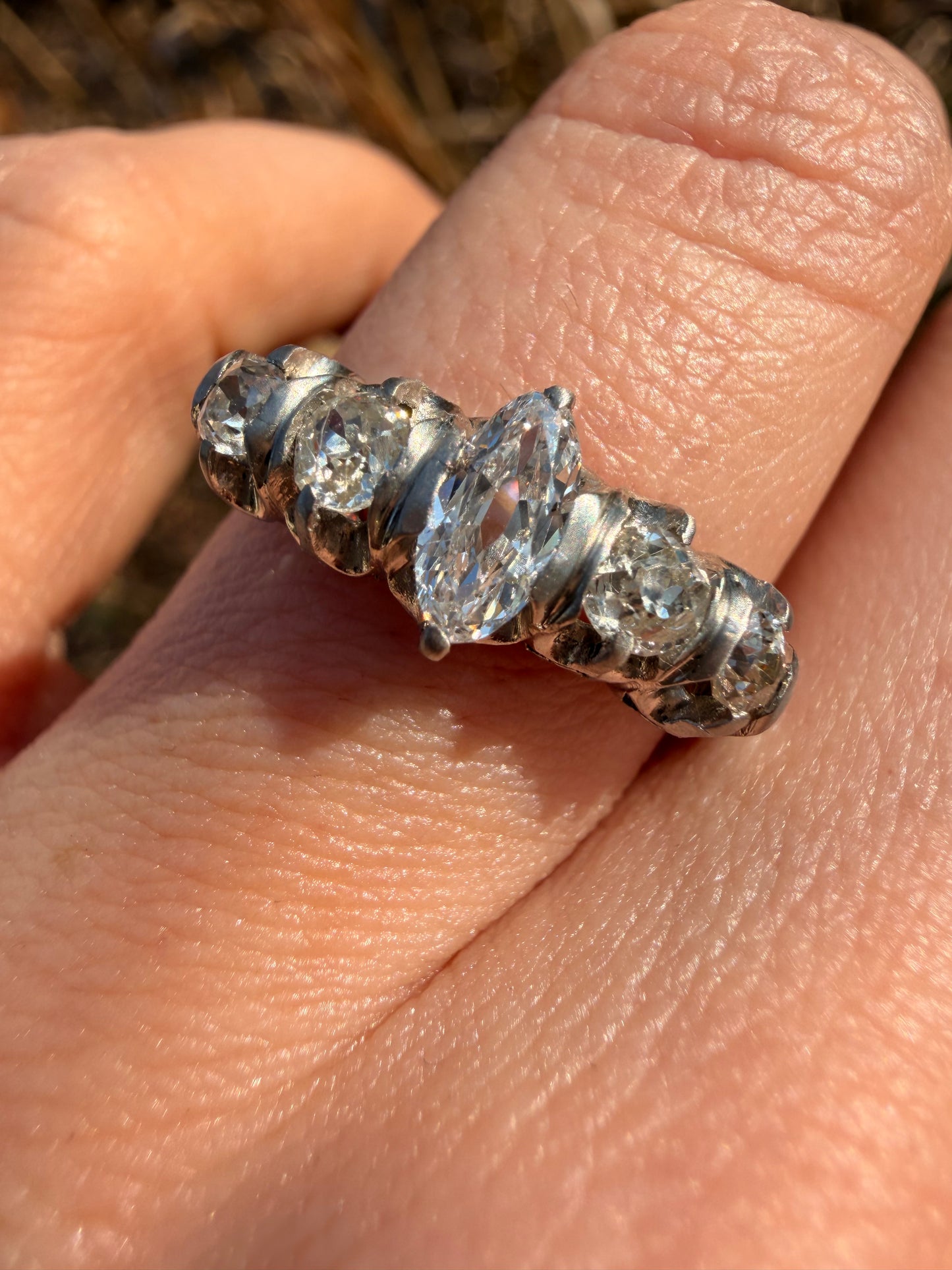 Antique platinum approx 1.1ctw moval diamond and old mine cut diamond 5 stone ring, size 5.5-5.75