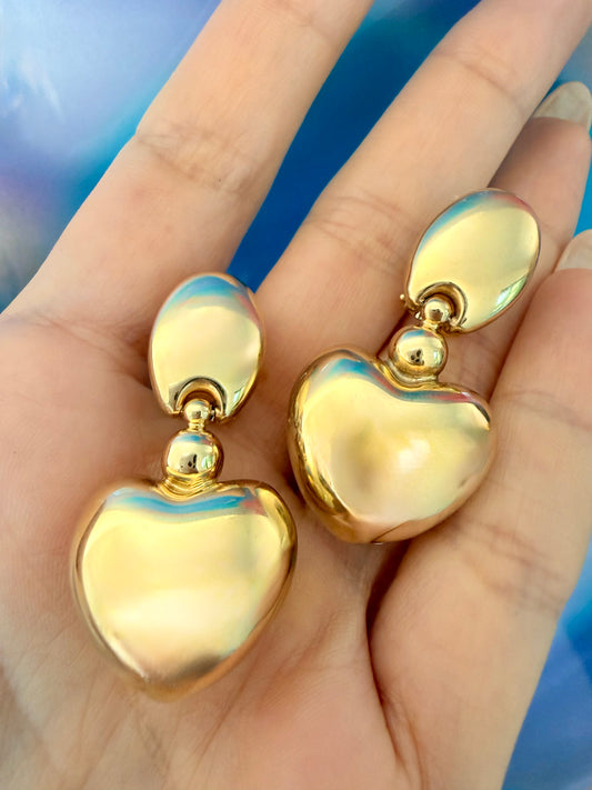 Vintage yellow 14K puffy heart omega back dangle earrings